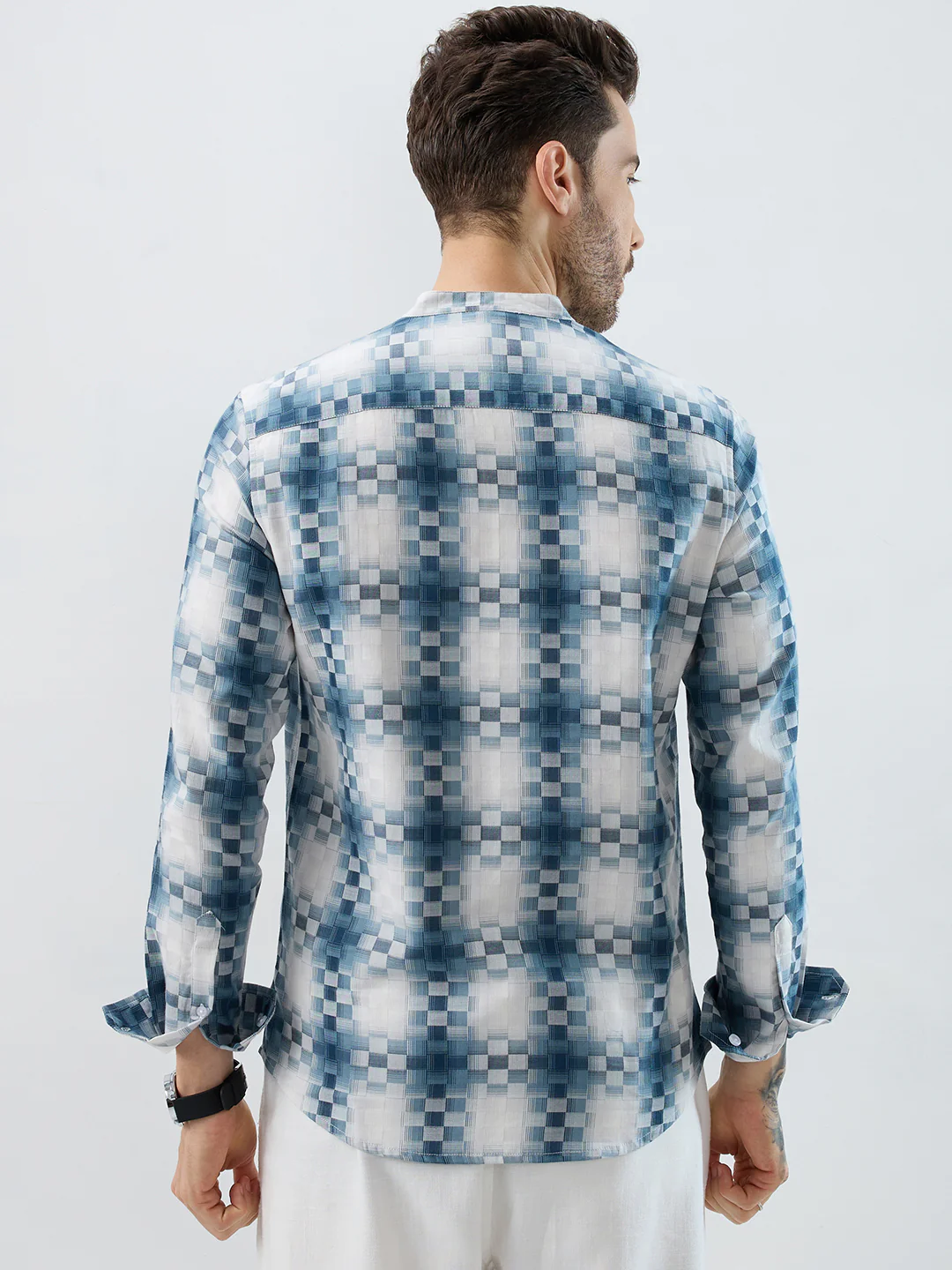 Teal Pixel Block Checks Kurta - Image 7
