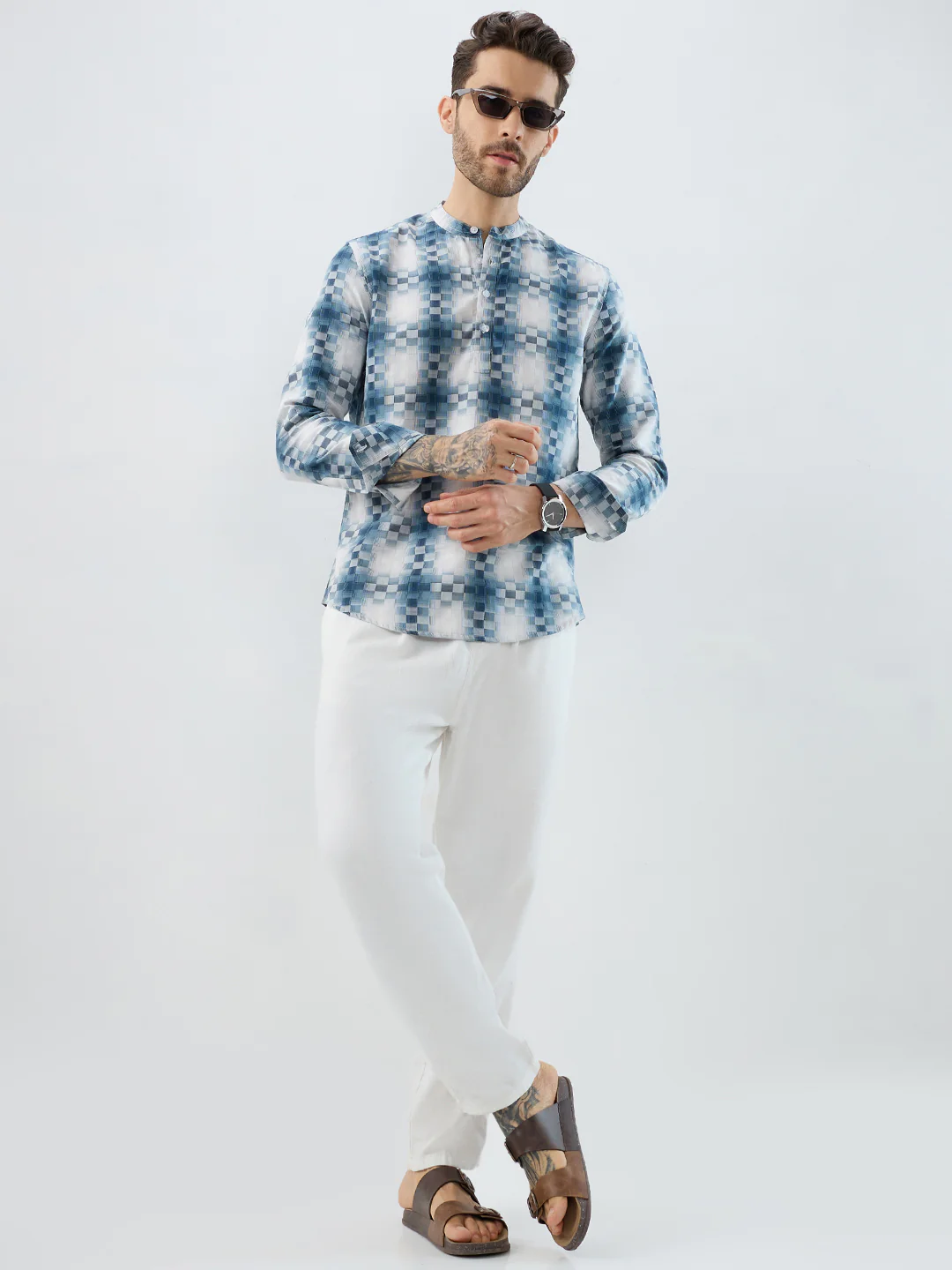 Teal Pixel Block Checks Kurta - Image 8