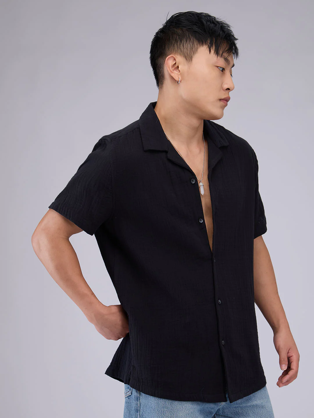 Timeless Black Double Cloth Crinkled Shirt - Image 5