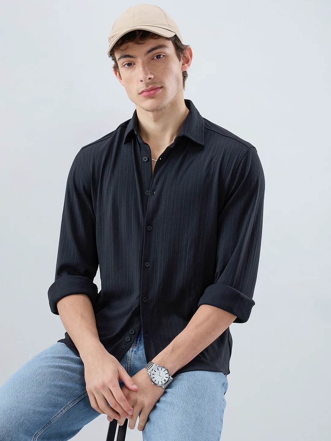 Timeless Black Fine Vertical Ribbed Knitted Shirt - Image 4