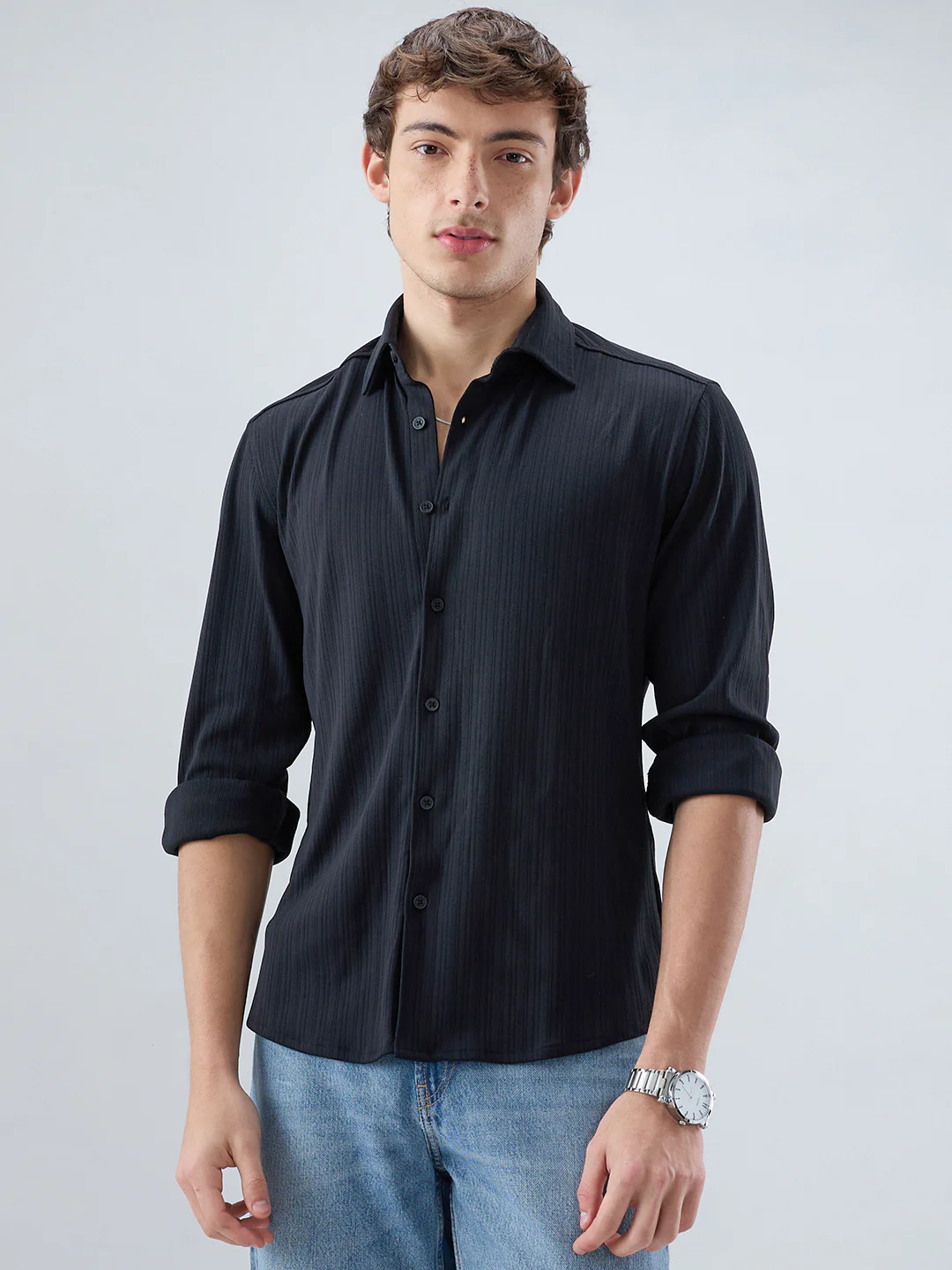 Timeless Black Fine Vertical Ribbed Knitted Shirt - Image 5