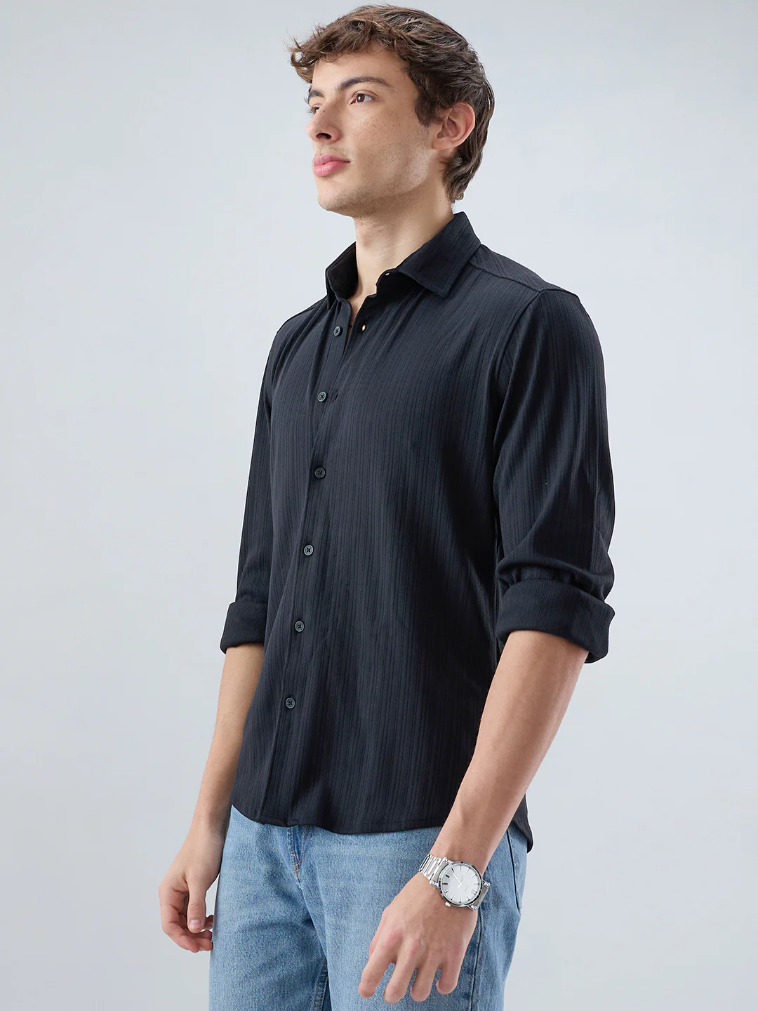 Timeless Black Fine Vertical Ribbed Knitted Shirt - Image 6