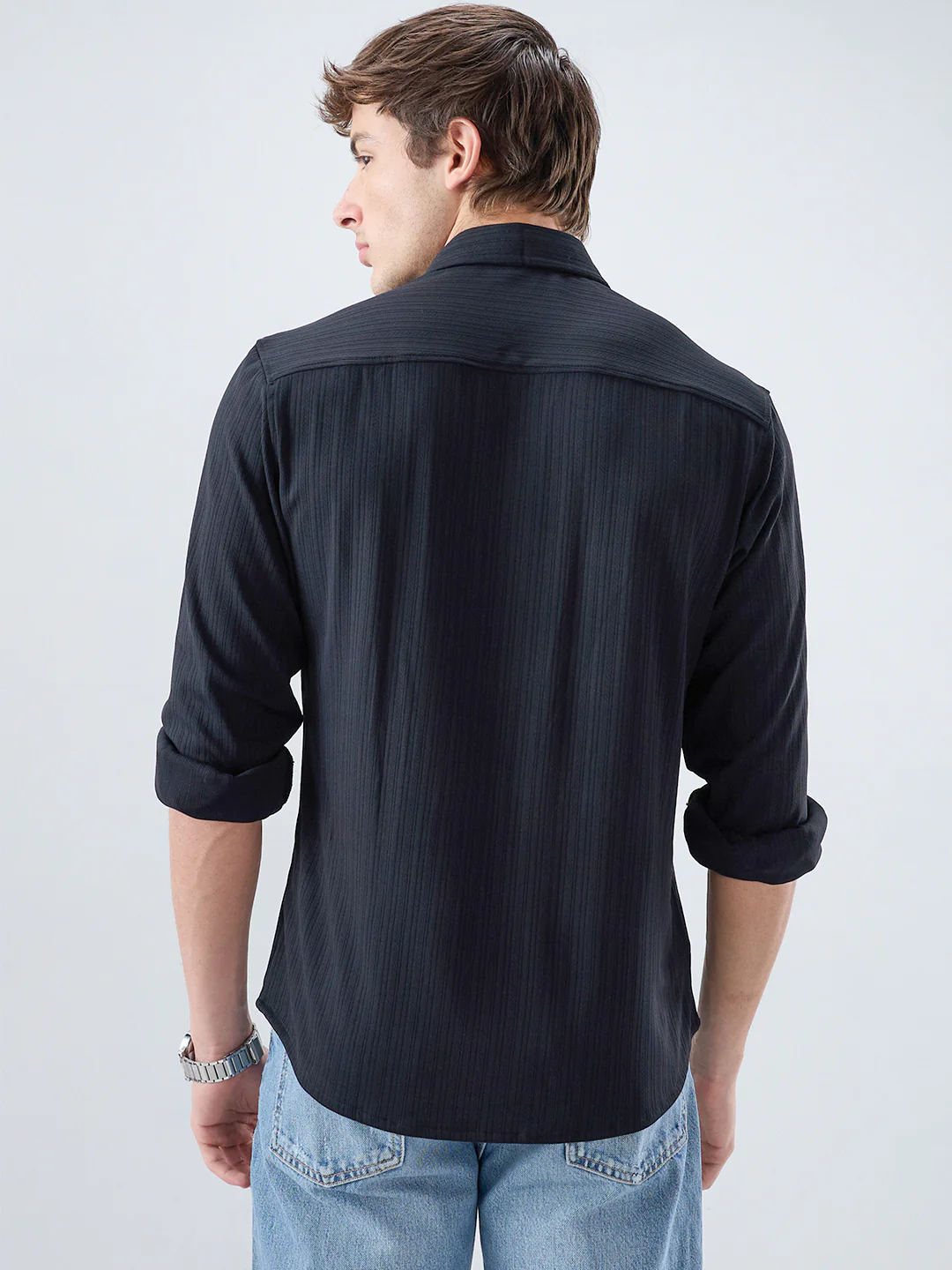 Timeless Black Fine Vertical Ribbed Knitted Shirt - Image 7