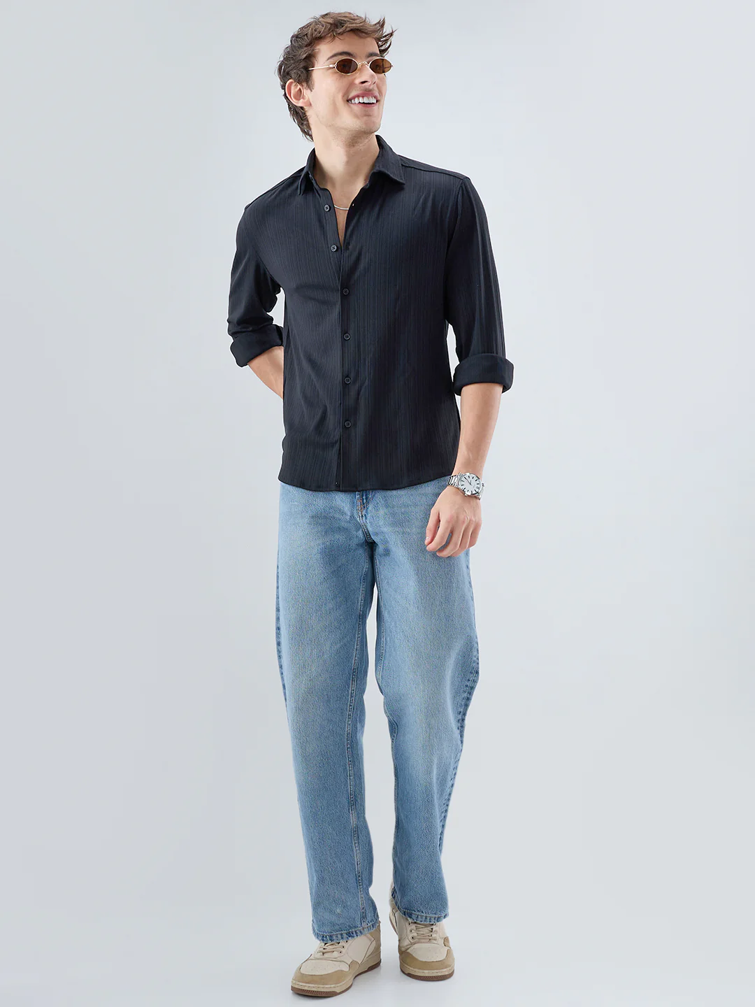 Timeless Black Fine Vertical Ribbed Knitted Shirt - Image 8