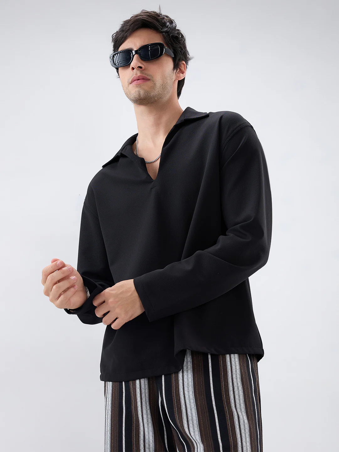 Timeless Black Oversized Polo Tencel Knit Shirt - Image 4