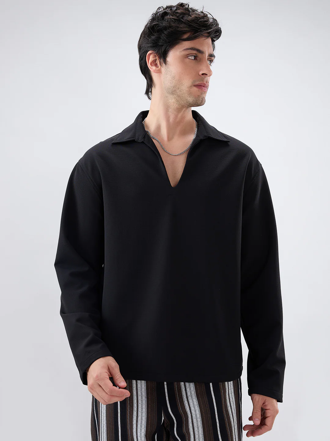 Timeless Black Oversized Polo Tencel Knit Shirt - Image 5
