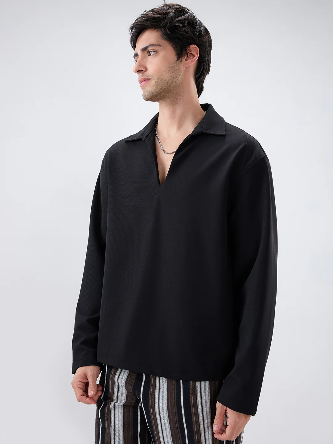 Timeless Black Oversized Polo Tencel Knit Shirt - Image 6