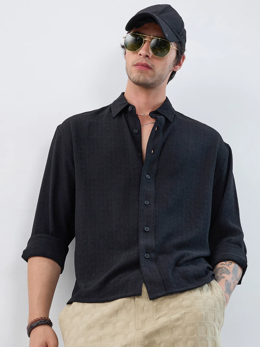 Timeless Black Subtle Textured Boxy Fit Crop Shirt - Image 2