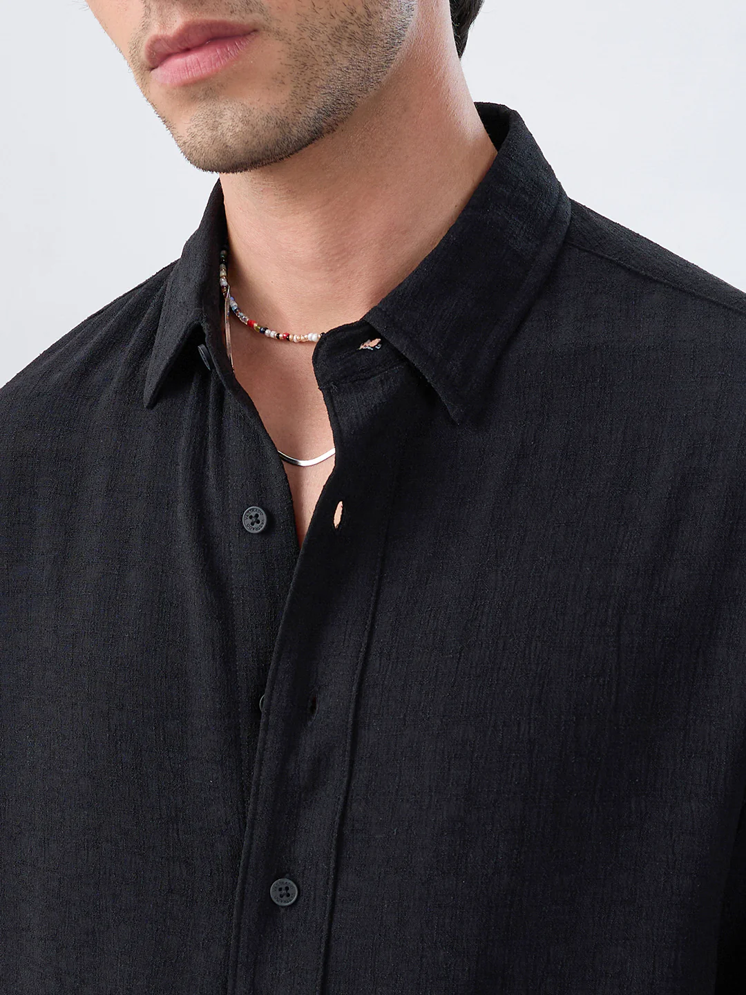 Timeless Black Subtle Textured Boxy Fit Crop Shirt - Image 3
