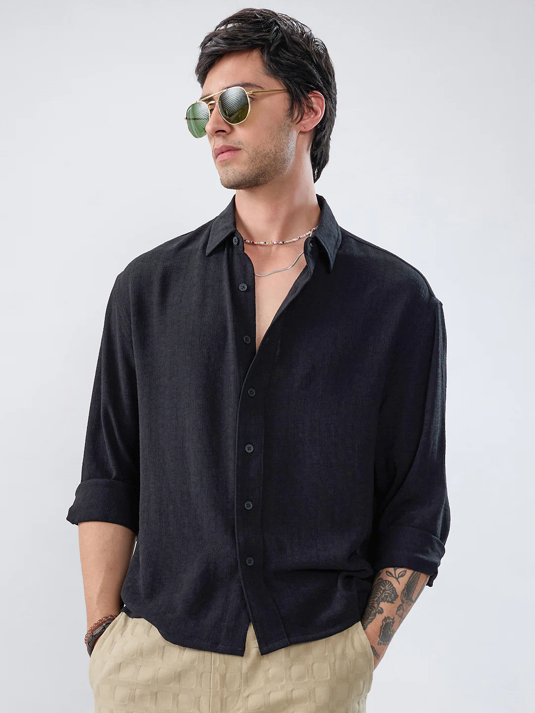 Timeless Black Subtle Textured Boxy Fit Crop Shirt - Image 4