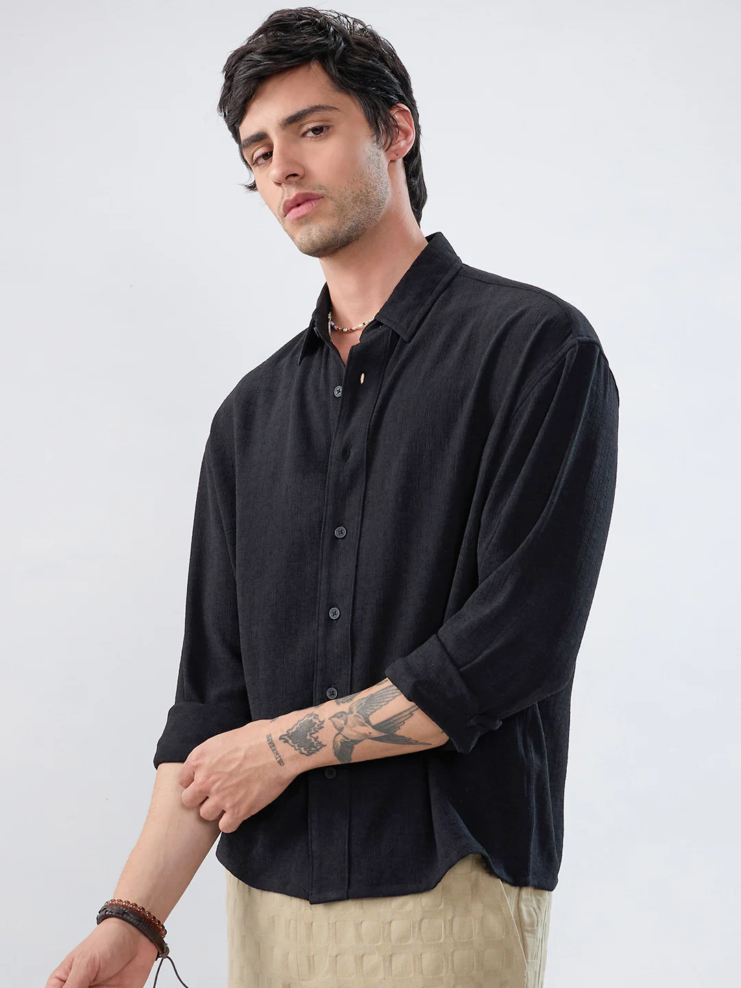 Timeless Black Subtle Textured Boxy Fit Crop Shirt - Image 5