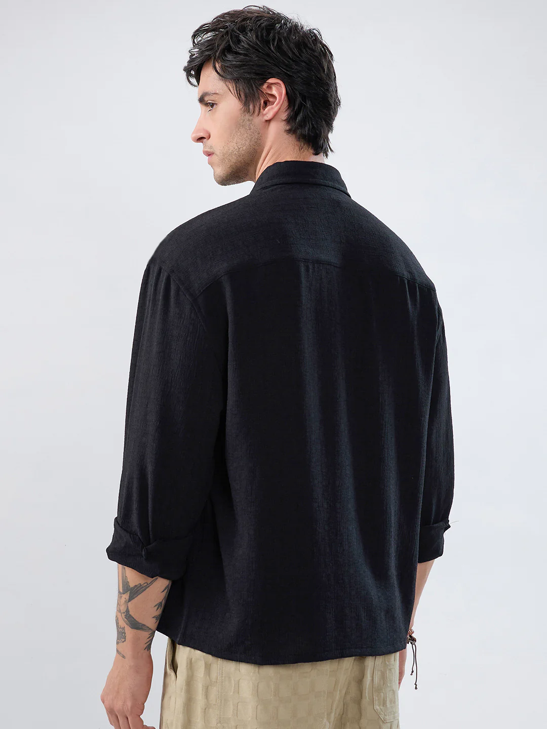 Timeless Black Subtle Textured Boxy Fit Crop Shirt - Image 6