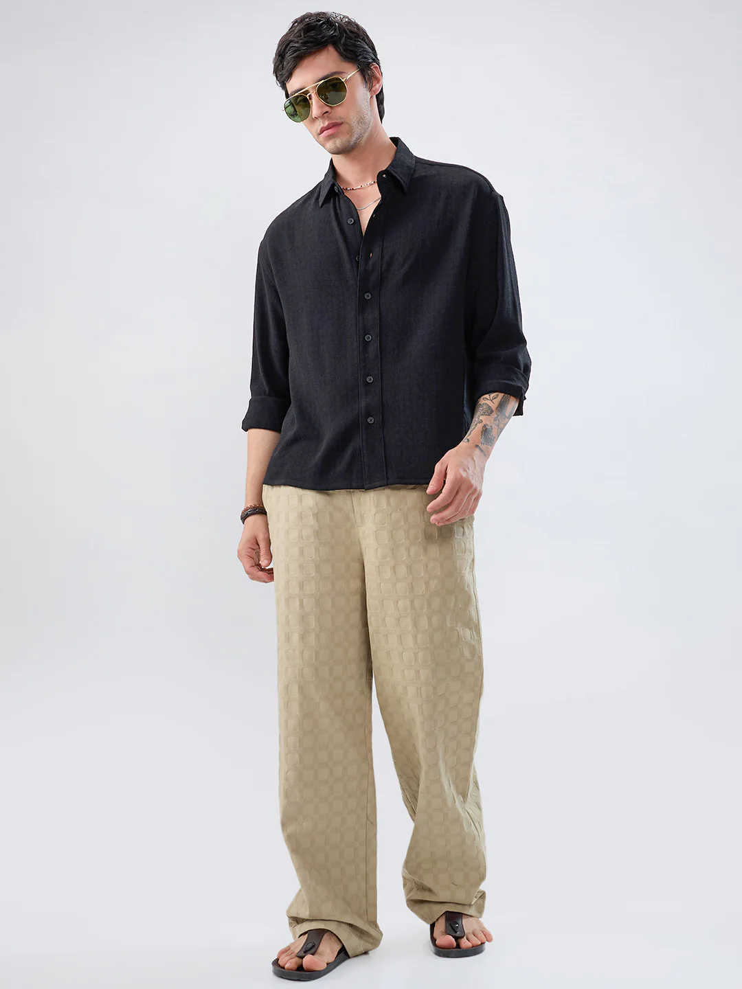 Timeless Black Subtle Textured Boxy Fit Crop Shirt - Image 7