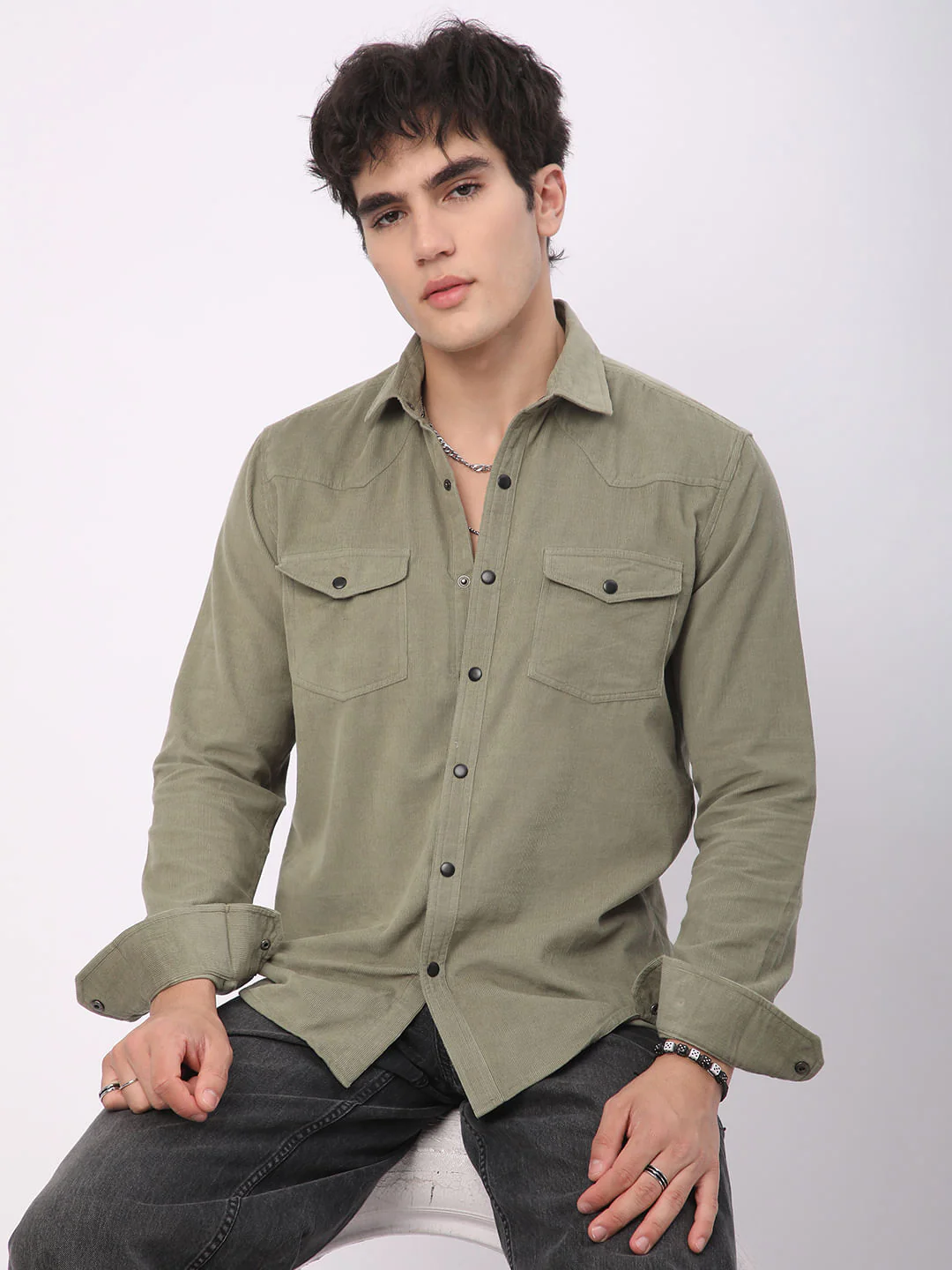 Timeless Olive Double Flap Pocket Corduroy Overshirt - Image 2