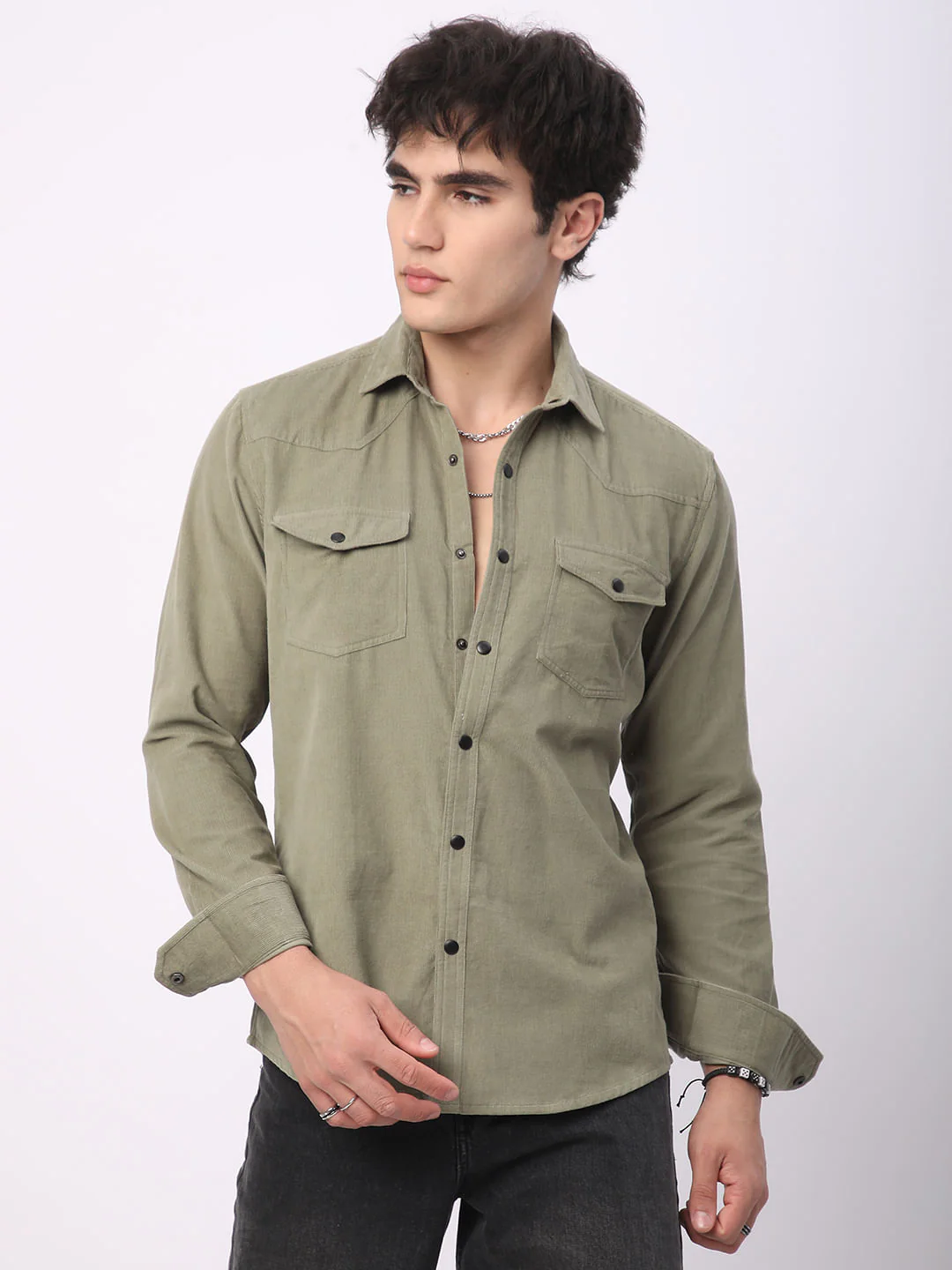 Timeless Olive Double Flap Pocket Corduroy Overshirt - Image 4