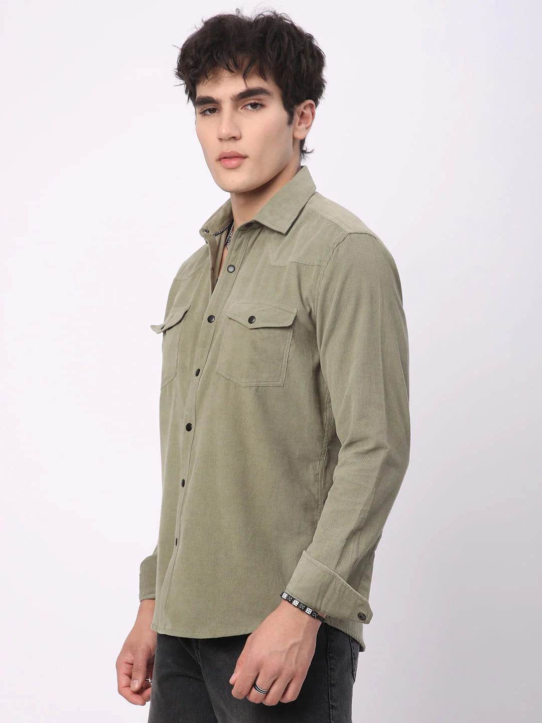 Timeless Olive Double Flap Pocket Corduroy Overshirt - Image 5