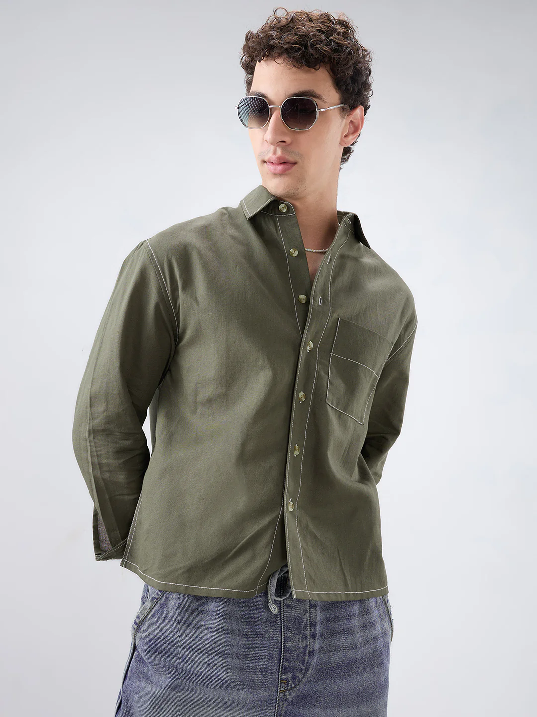 Timeless Olive Linen Blend Contrast Stitch Boxy Fit Crop Shirt - Image 4