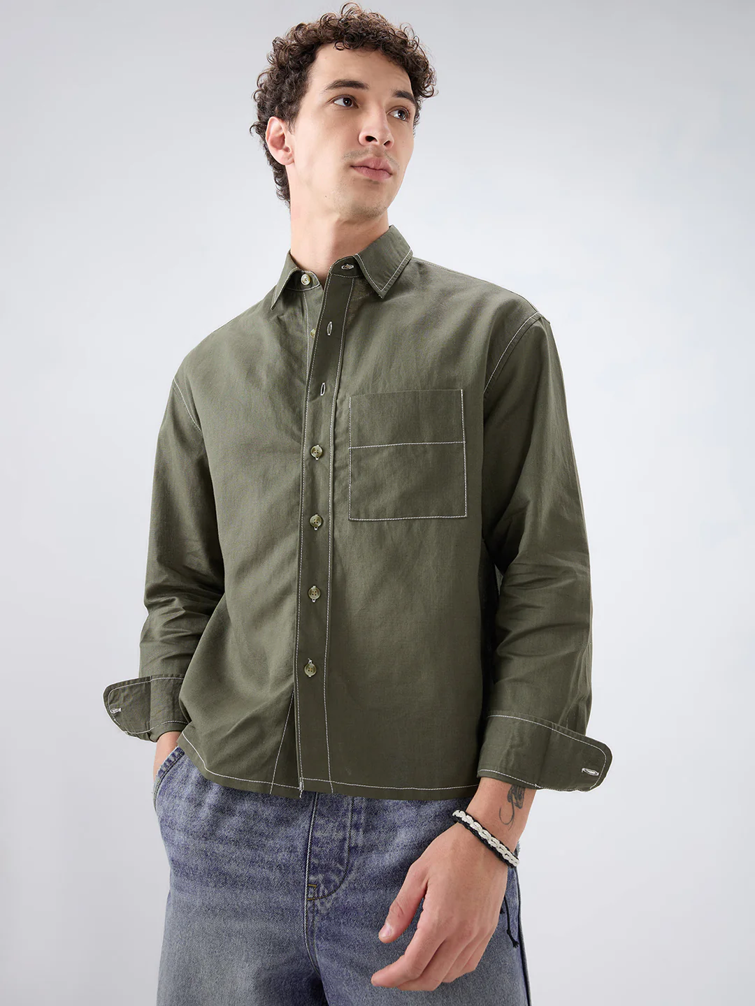 Timeless Olive Linen Blend Contrast Stitch Boxy Fit Crop Shirt - Image 5