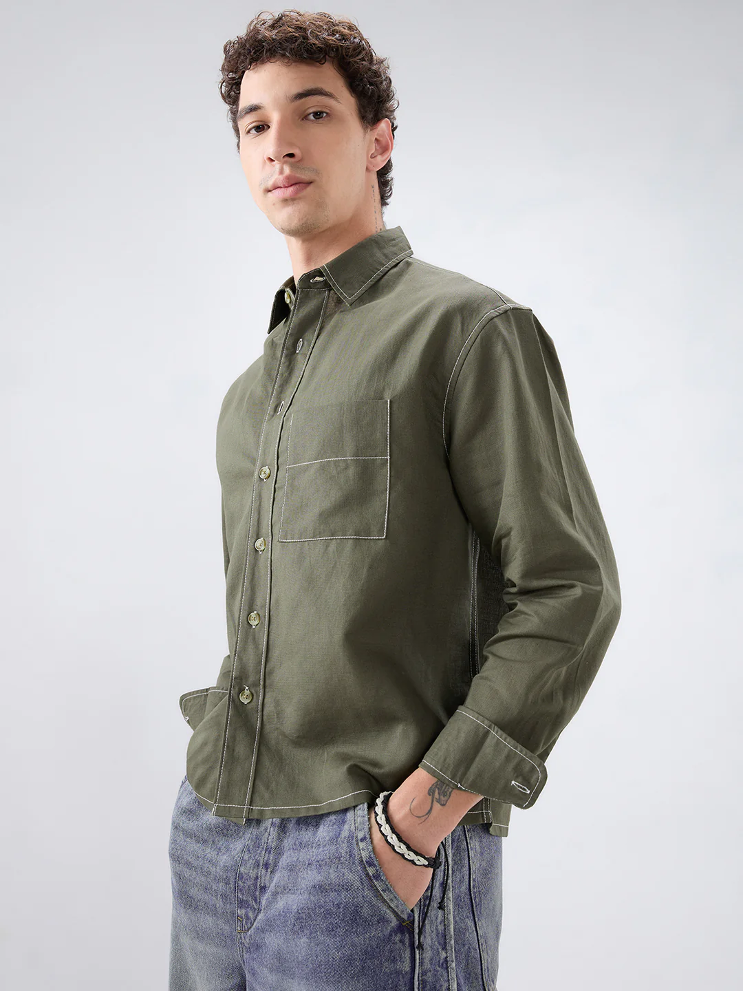 Timeless Olive Linen Blend Contrast Stitch Boxy Fit Crop Shirt - Image 6