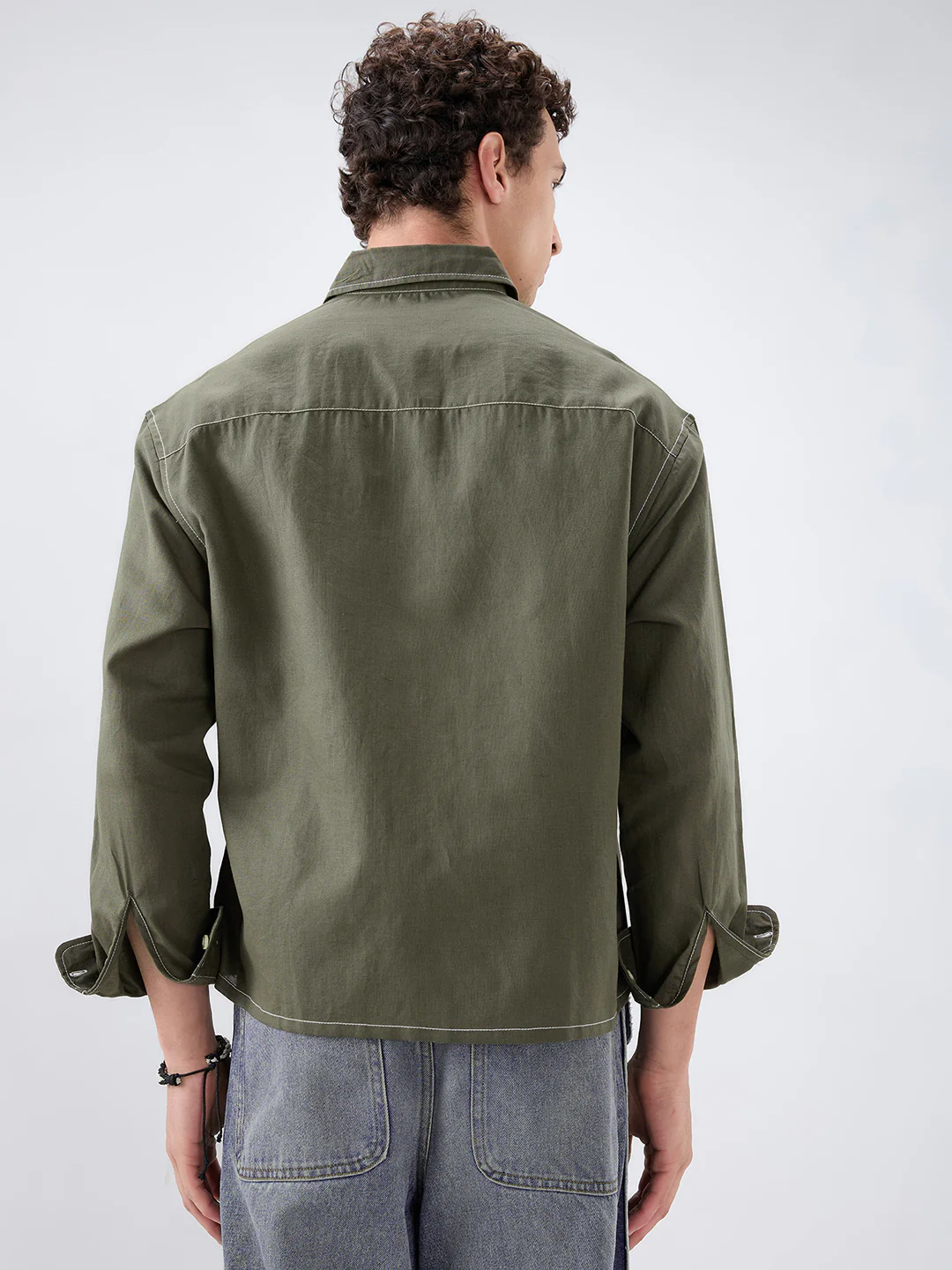 Timeless Olive Linen Blend Contrast Stitch Boxy Fit Crop Shirt - Image 7