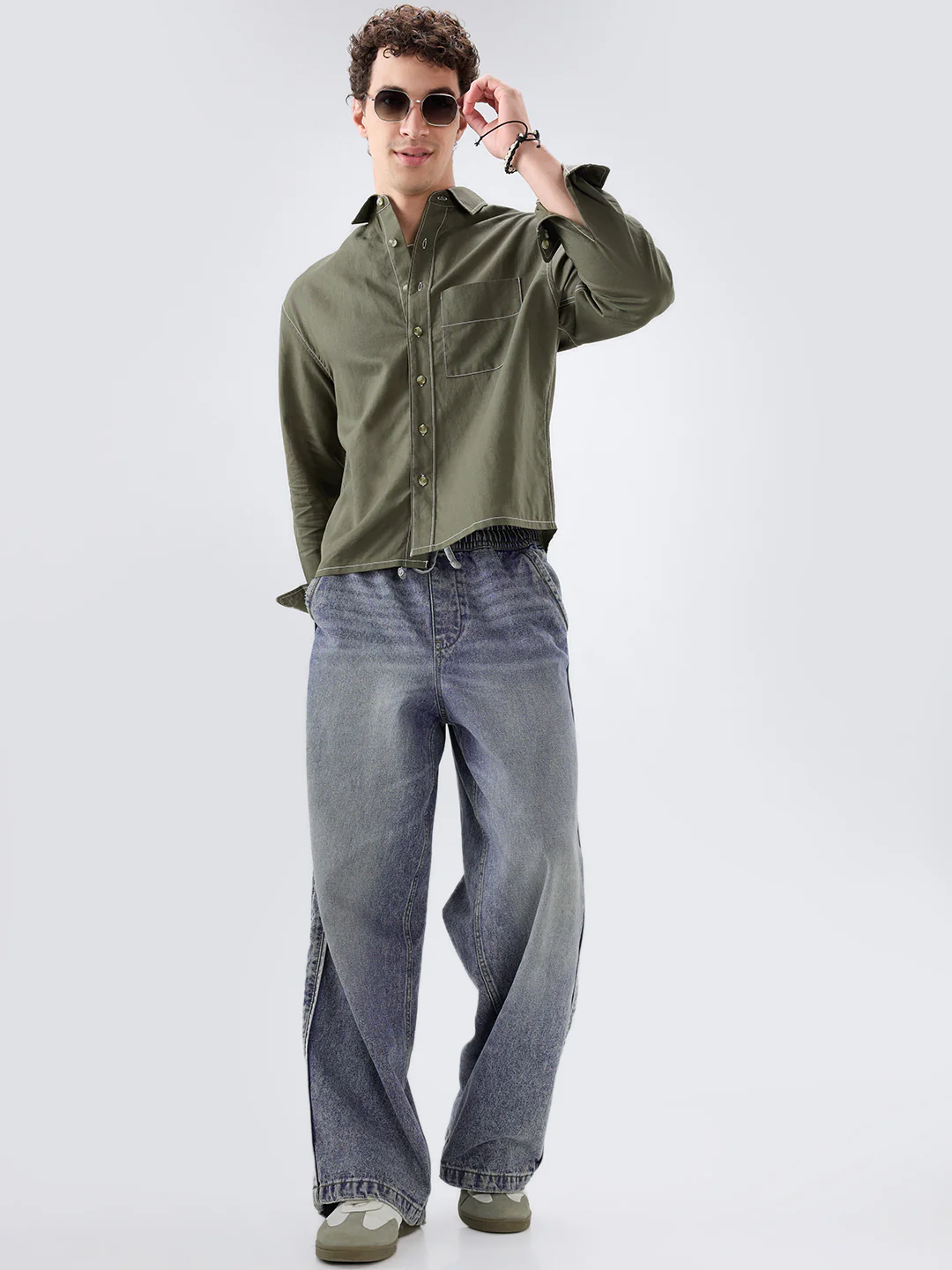 Timeless Olive Linen Blend Contrast Stitch Boxy Fit Crop Shirt - Image 8