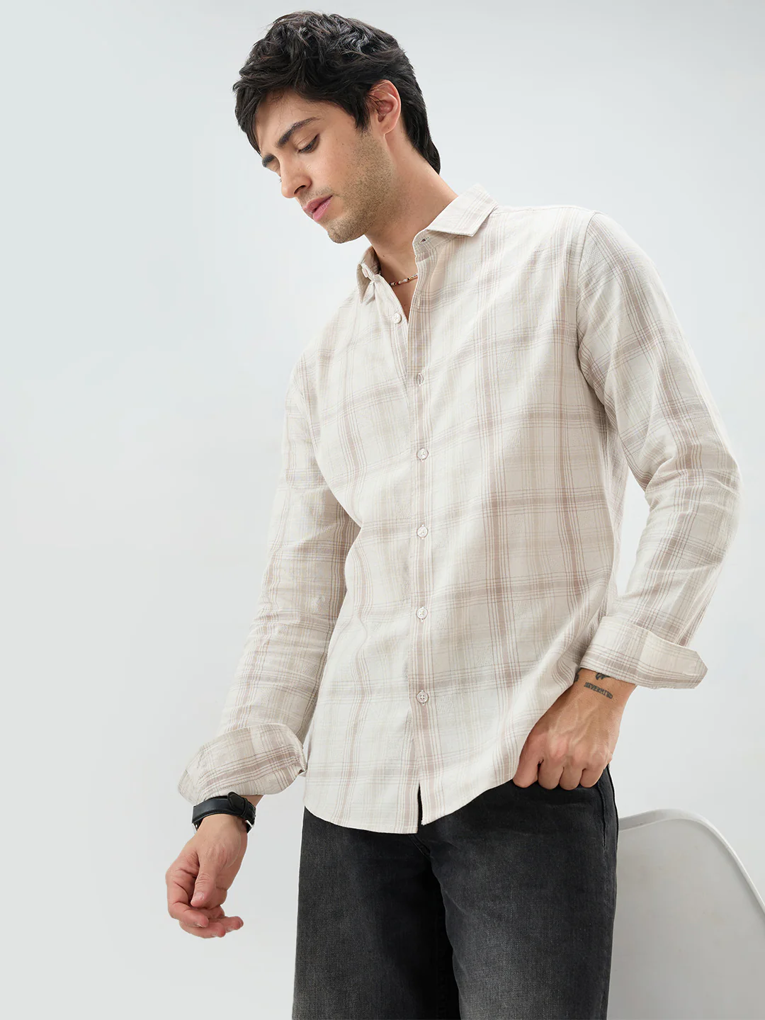 Timeless Sand Beige Plaid Checks Textured Shirt - Image 2