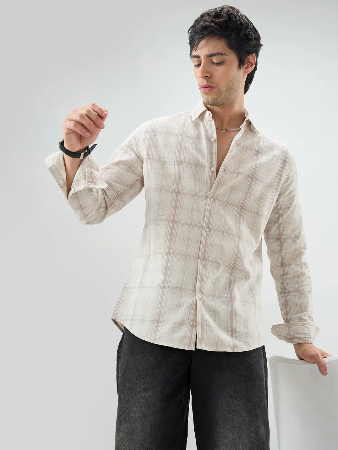 Timeless Sand Beige Plaid Checks Textured Shirt - Image 4