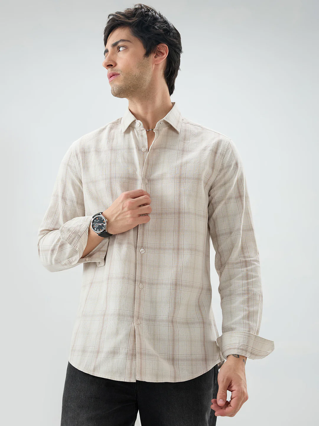 Timeless Sand Beige Plaid Checks Textured Shirt - Image 5