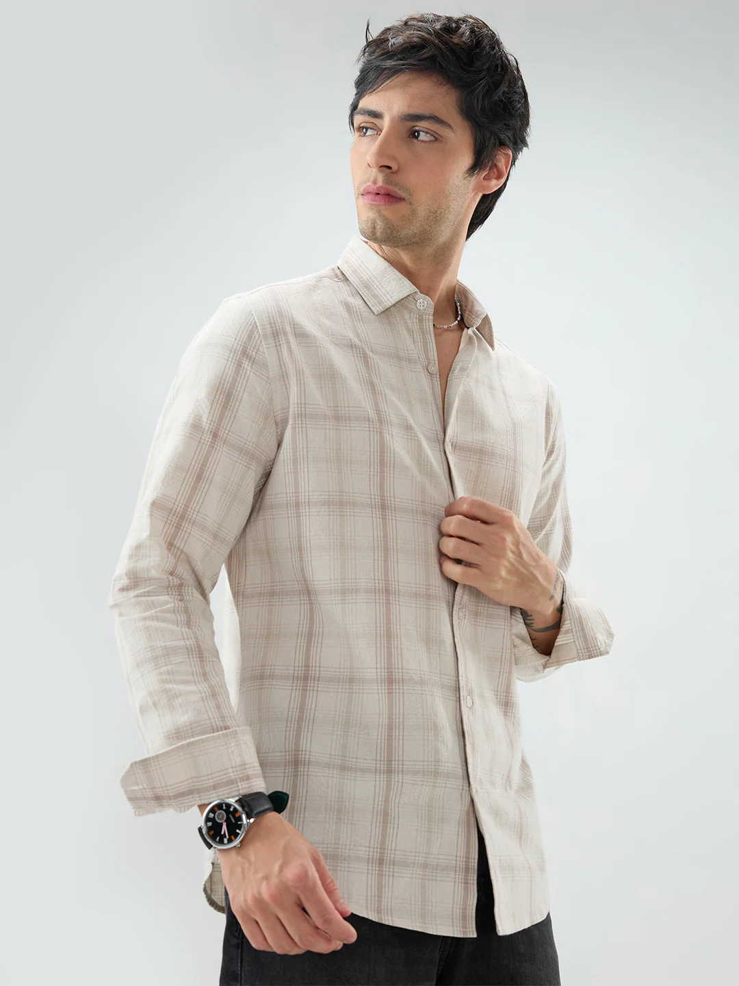 Timeless Sand Beige Plaid Checks Textured Shirt - Image 6