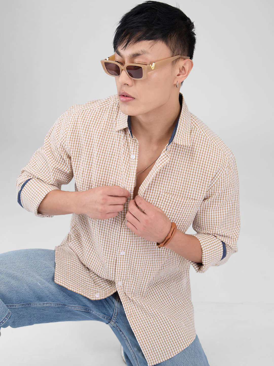 Tiny Tan Checkered Seersucker Shirt - Image 2