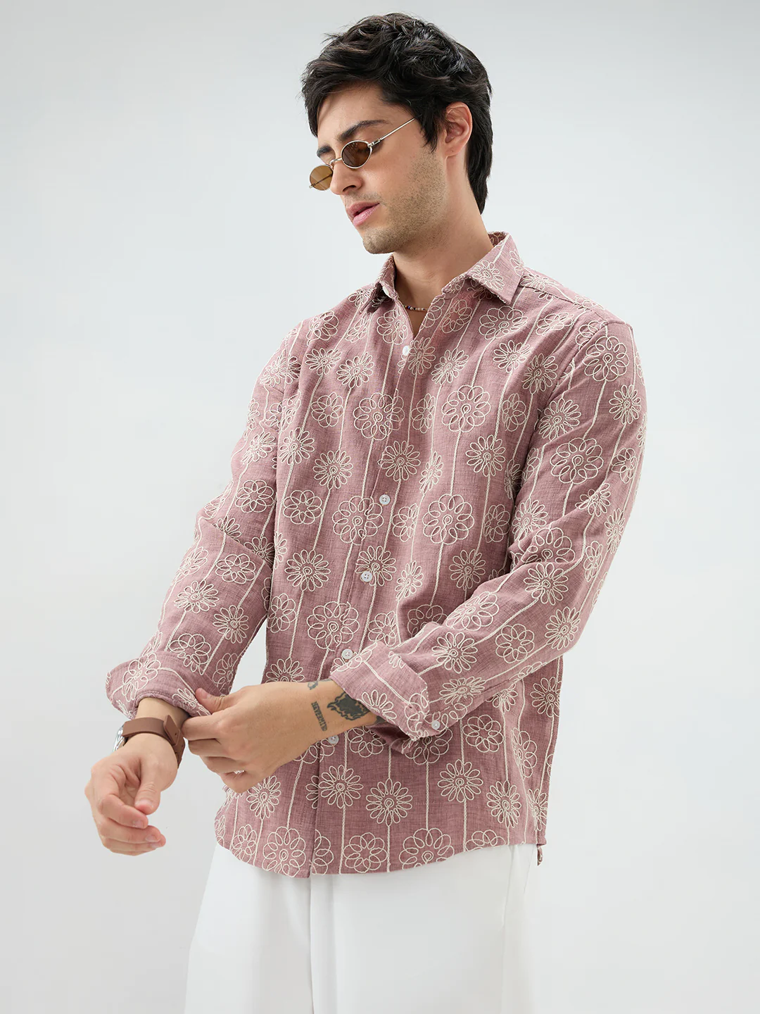 Turkish Rose Pink Floral Embroidered Slub Shirt - Image 2
