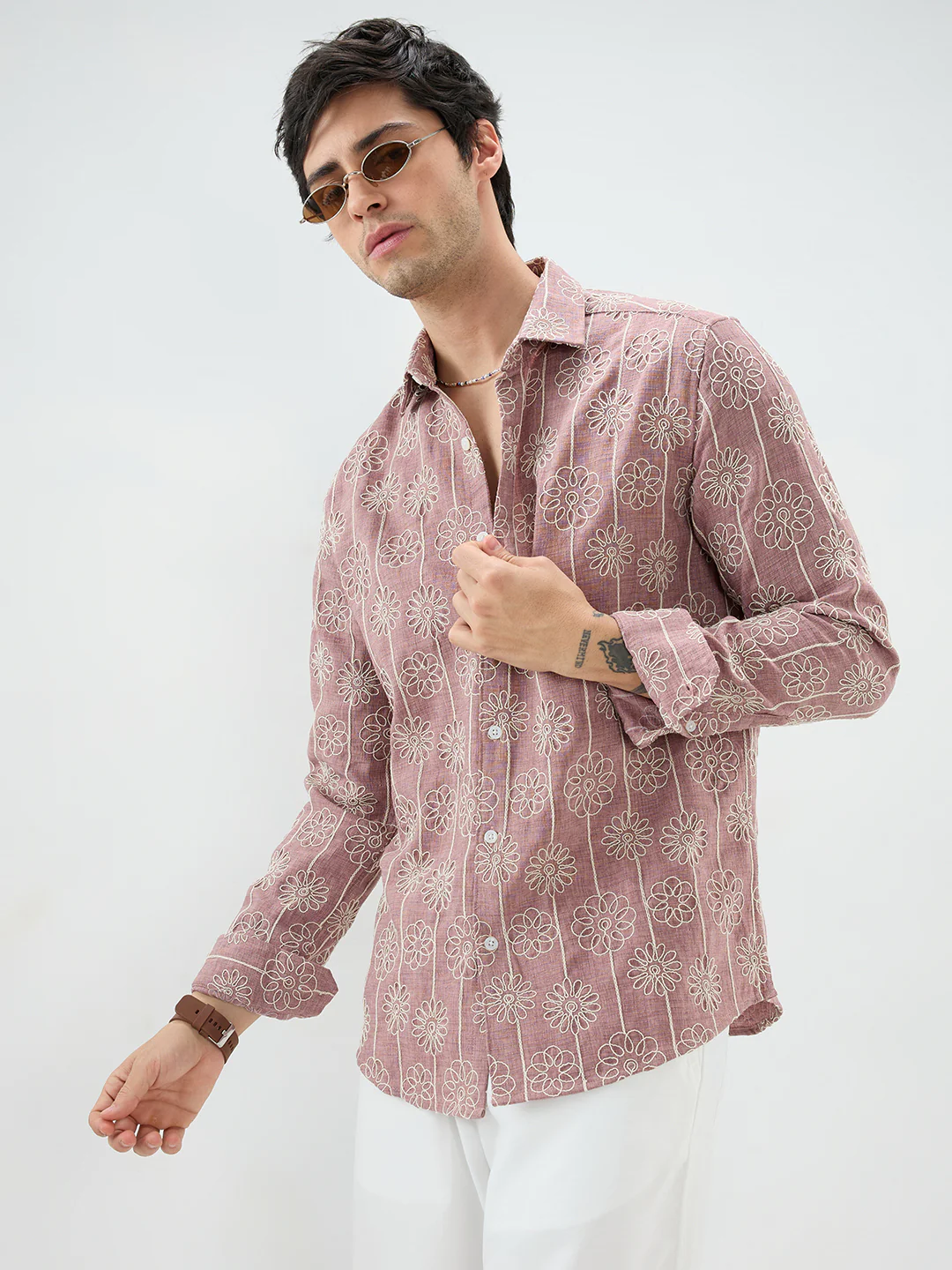 Turkish Rose Pink Floral Embroidered Slub Shirt - Image 4