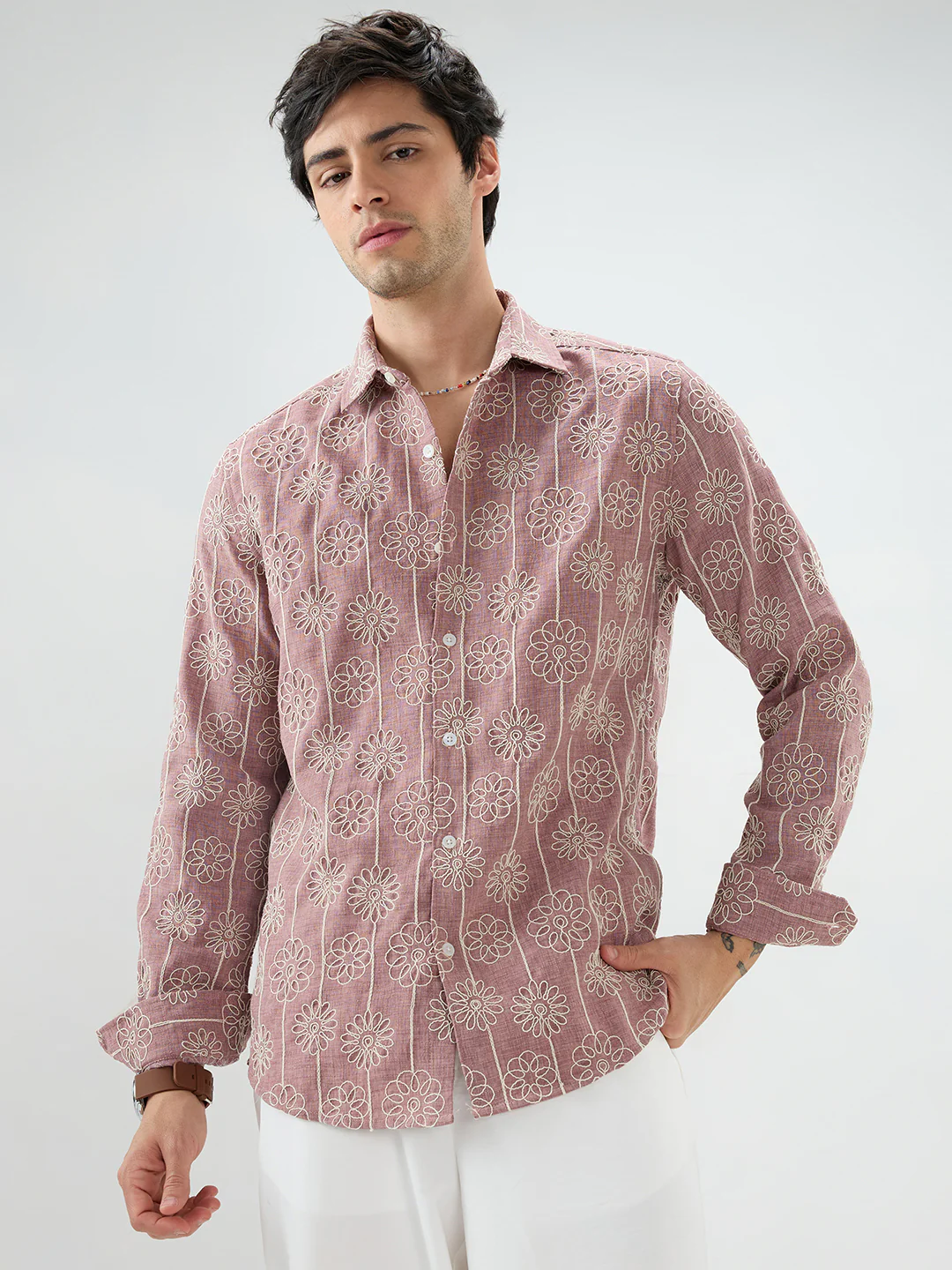 Turkish Rose Pink Floral Embroidered Slub Shirt - Image 5
