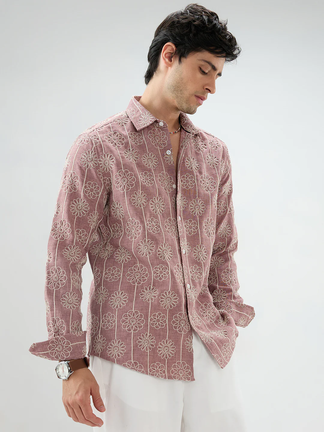 Turkish Rose Pink Floral Embroidered Slub Shirt - Image 6
