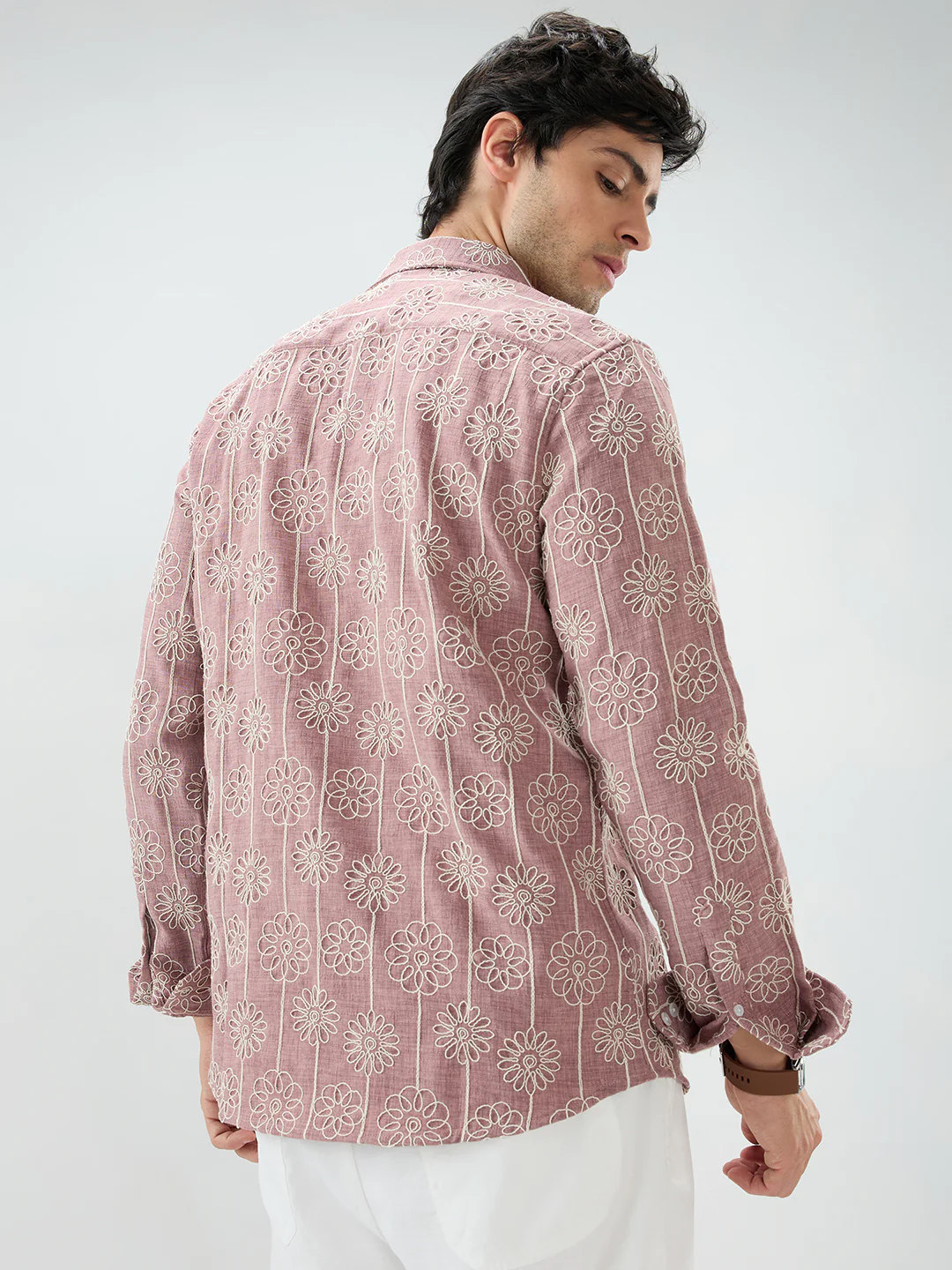 Turkish Rose Pink Floral Embroidered Slub Shirt - Image 7