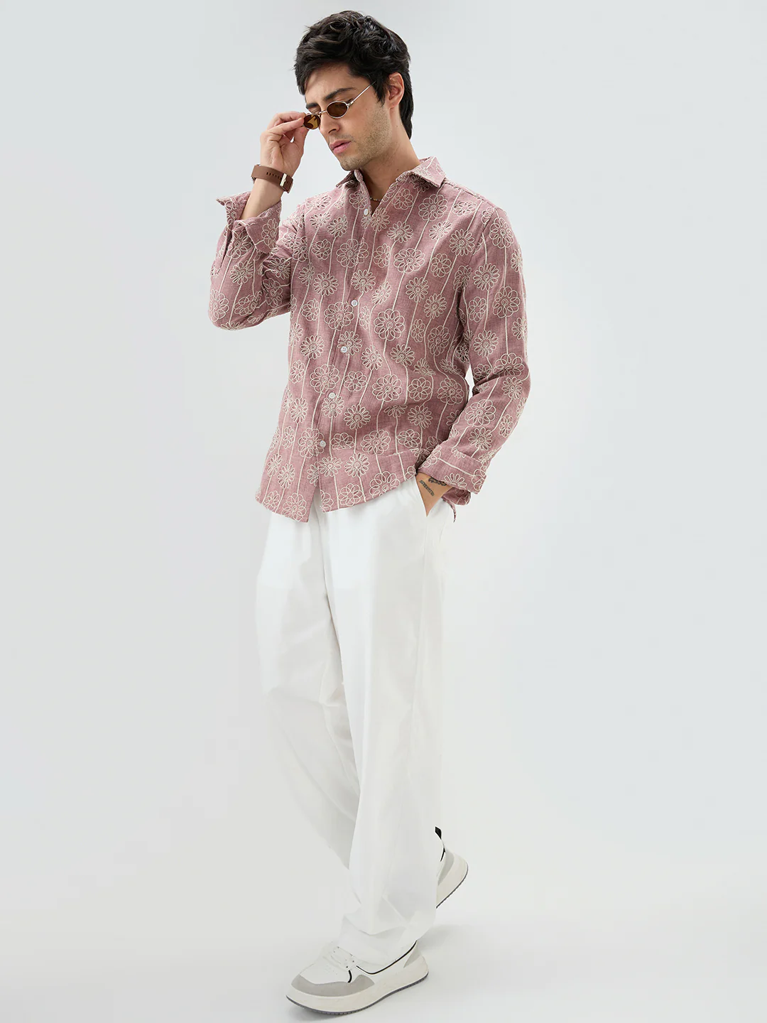 Turkish Rose Pink Floral Embroidered Slub Shirt - Image 8