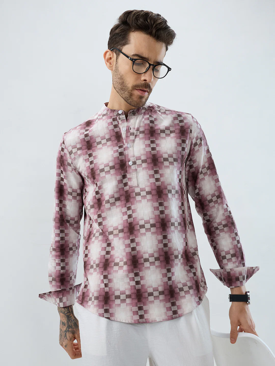 Turkish Rose Pink Pixel Block Checks Kurta - Image 2