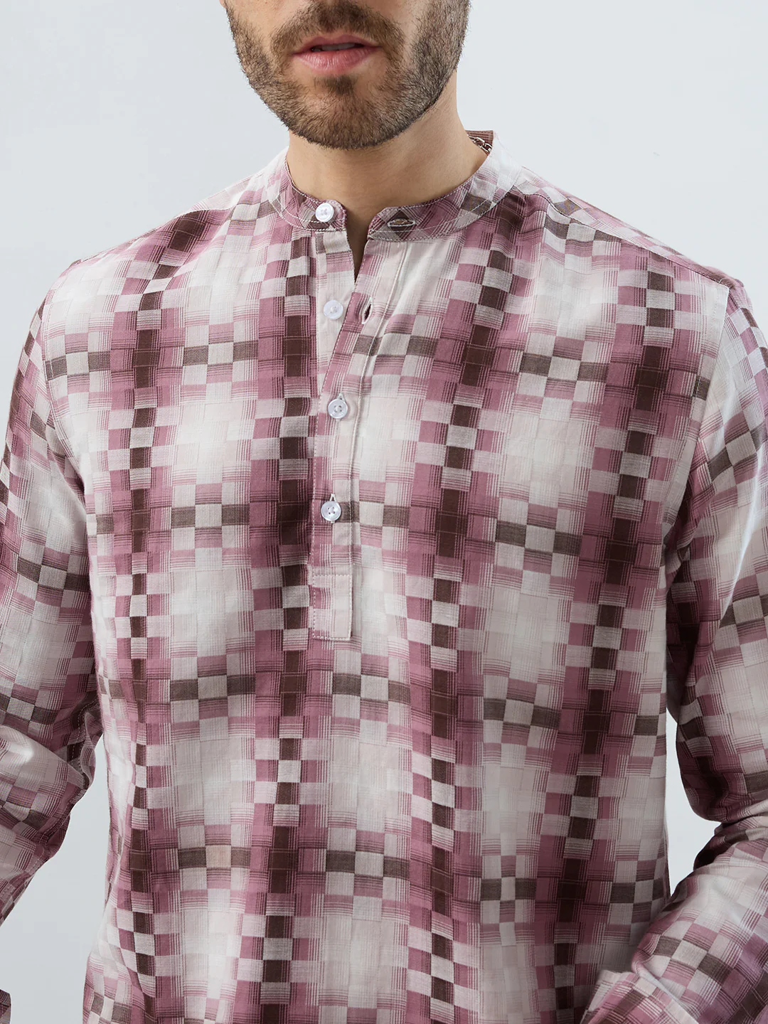 Turkish Rose Pink Pixel Block Checks Kurta - Image 3