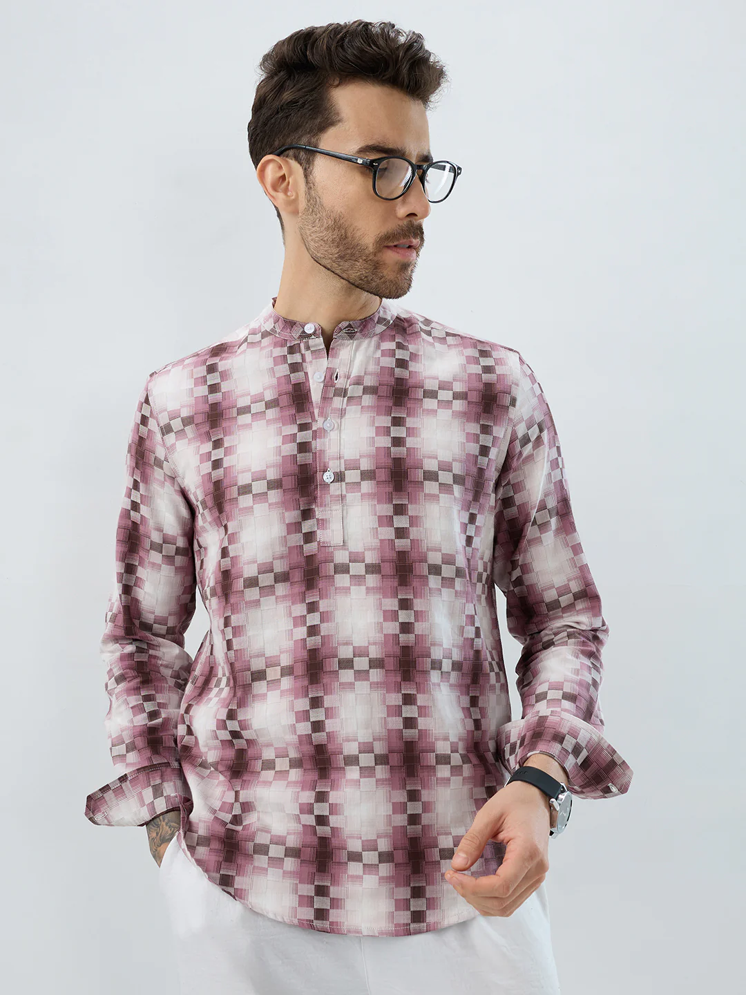 Turkish Rose Pink Pixel Block Checks Kurta - Image 4