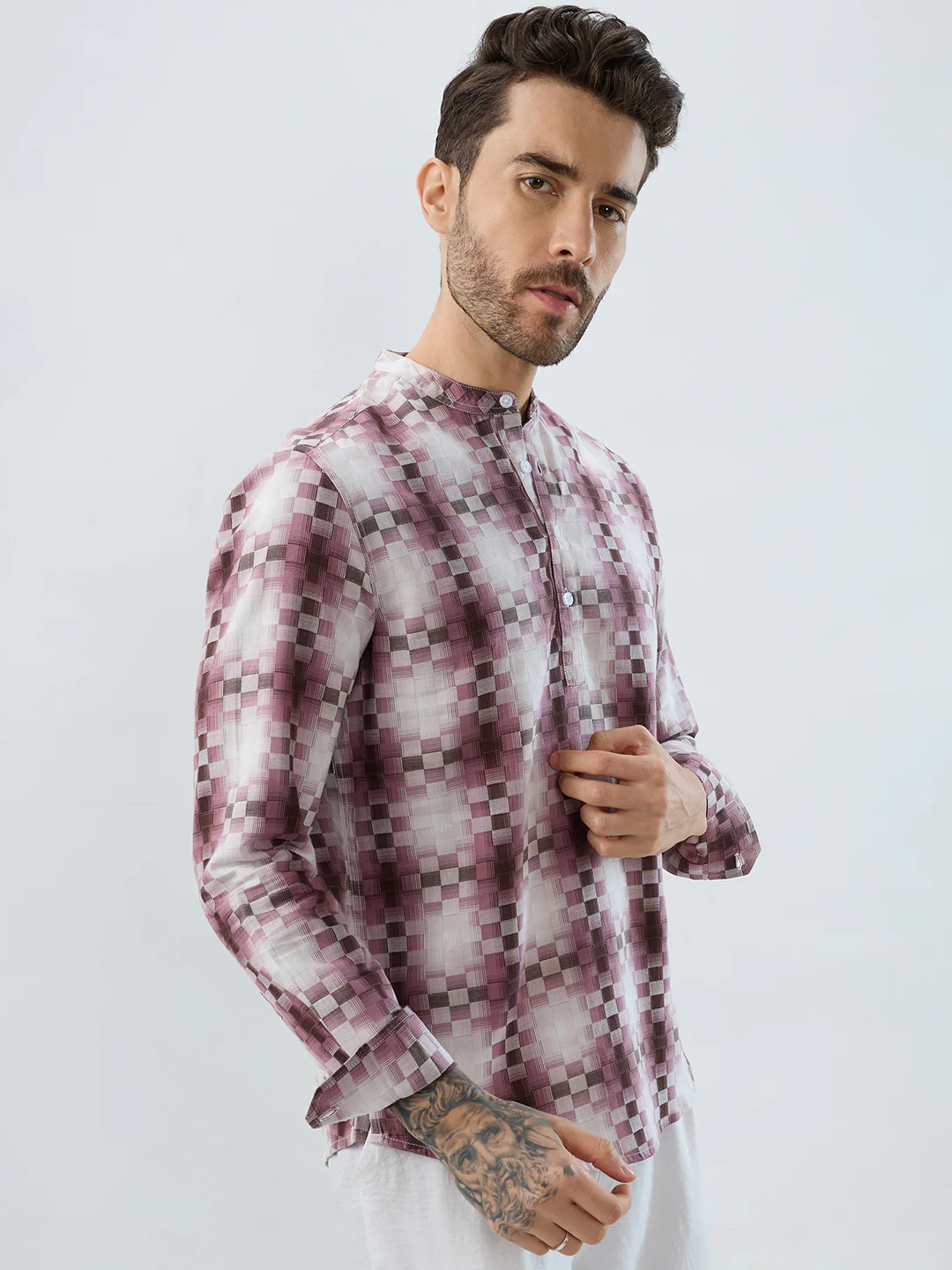 Turkish Rose Pink Pixel Block Checks Kurta - Image 5