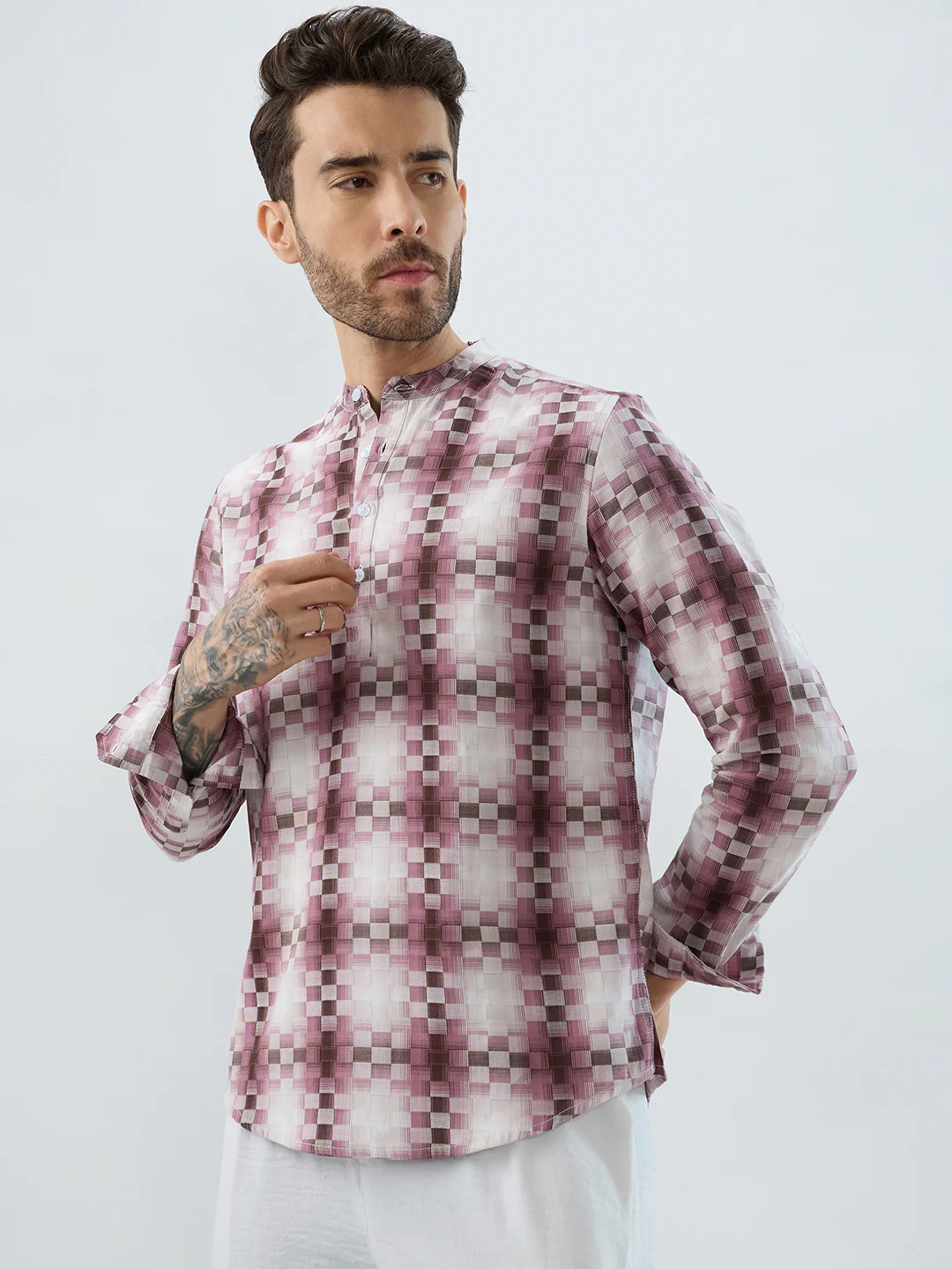 Turkish Rose Pink Pixel Block Checks Kurta - Image 6