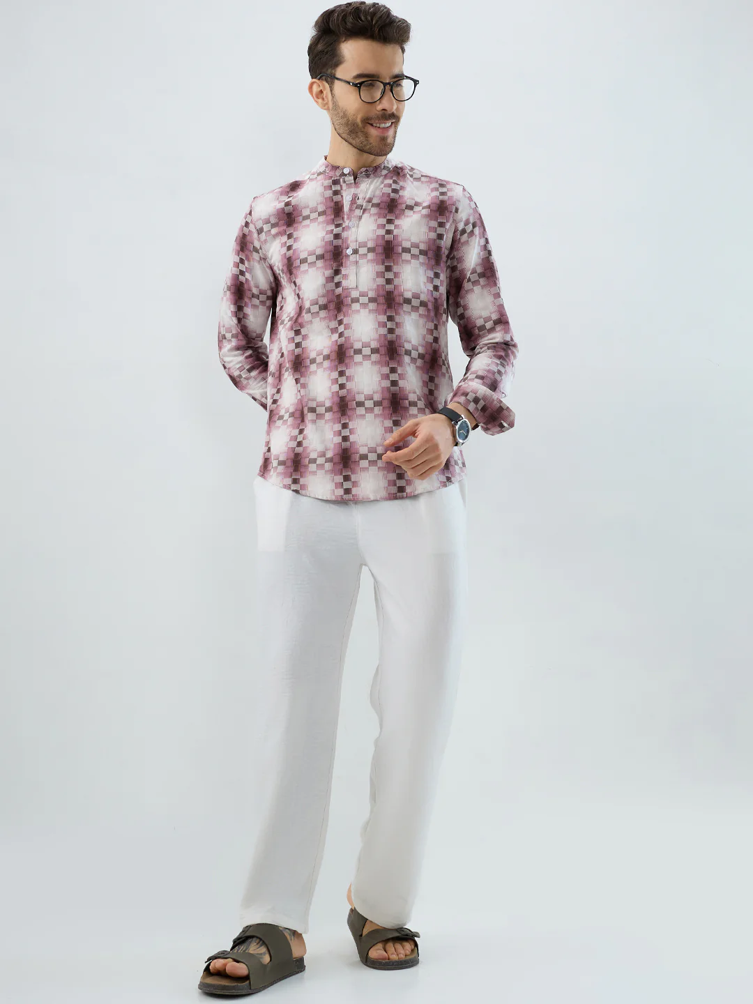 Turkish Rose Pink Pixel Block Checks Kurta - Image 8