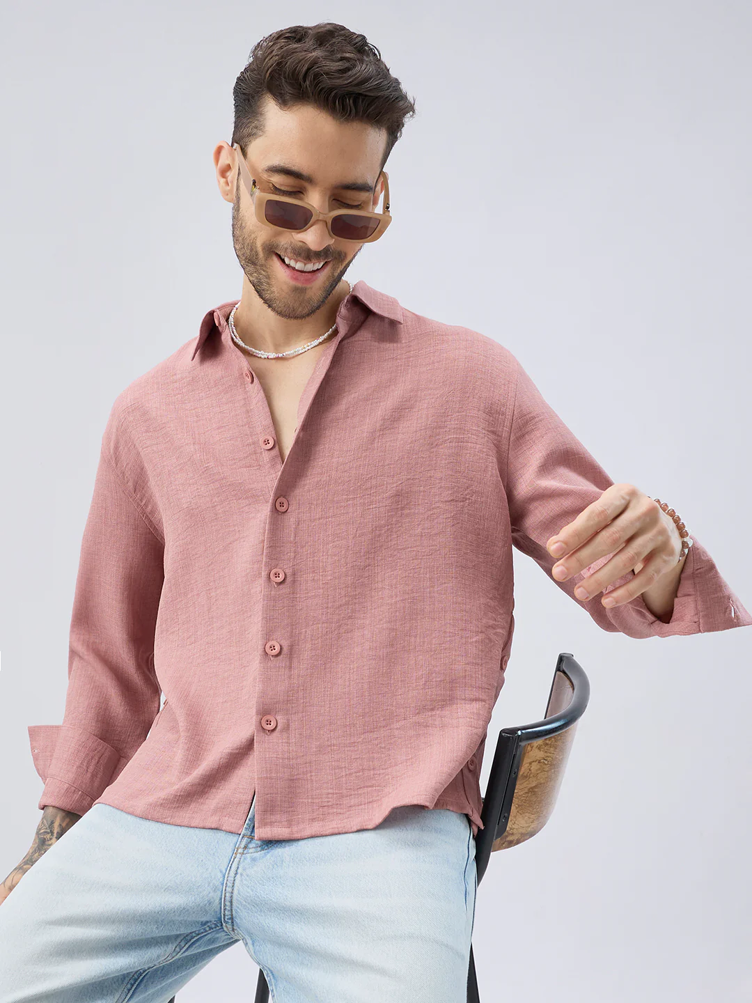 Turkish Rose Pink Slub Textured Side-Slit Button Oversized Crop Shirt - Image 2