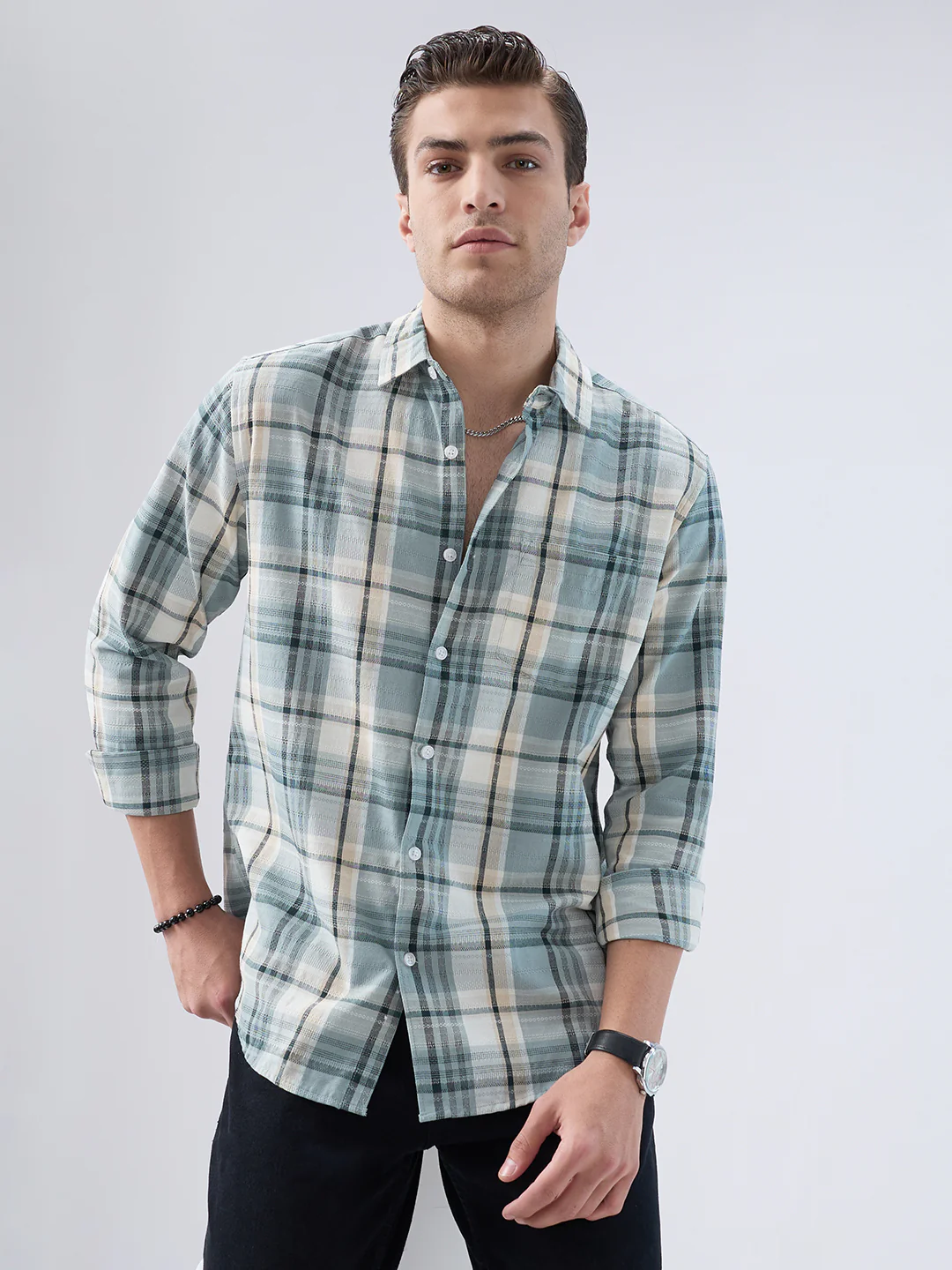 Turquoise Luxe Grid Checks Shirt - Image 2