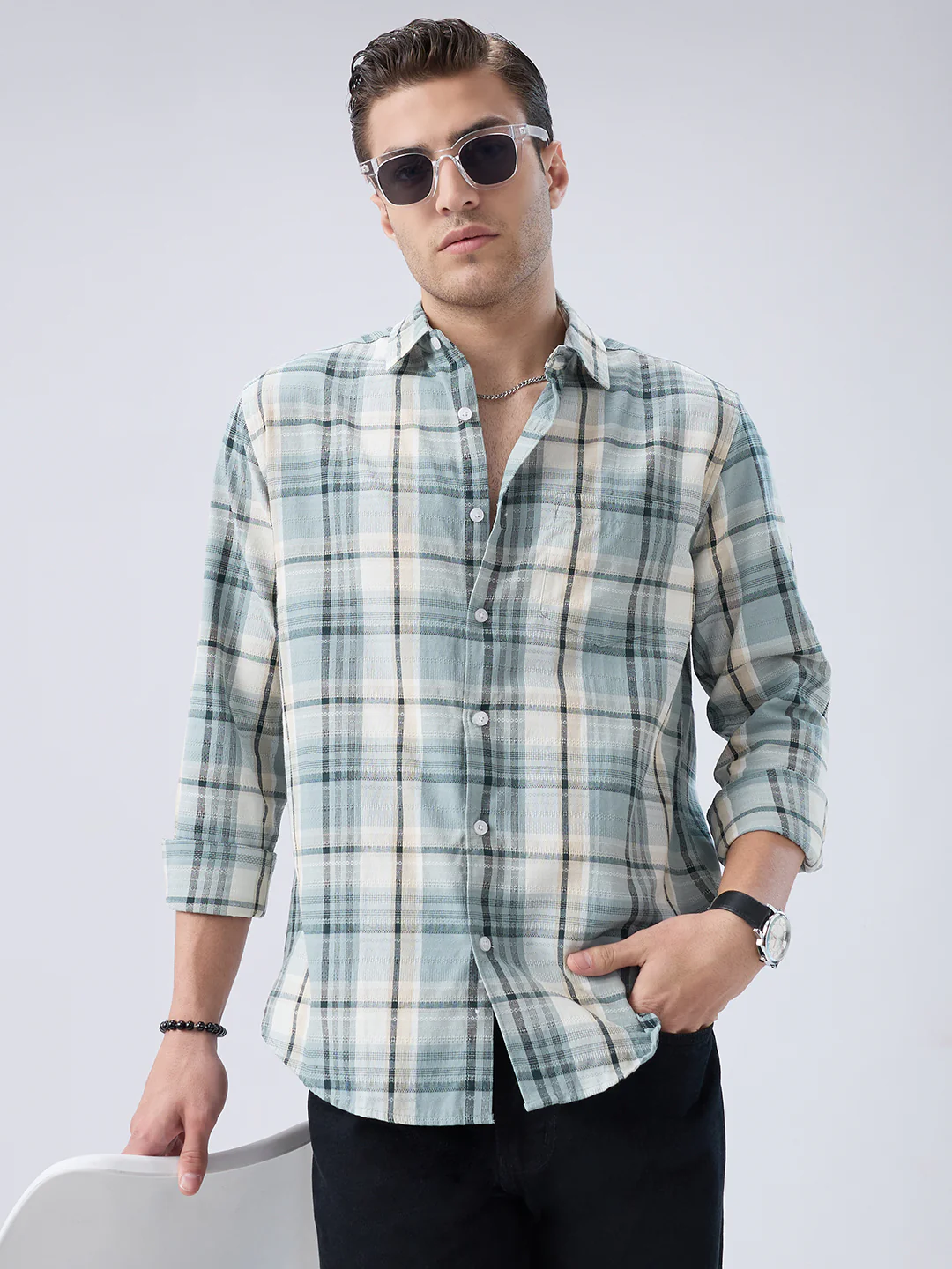 Turquoise Luxe Grid Checks Shirt - Image 4