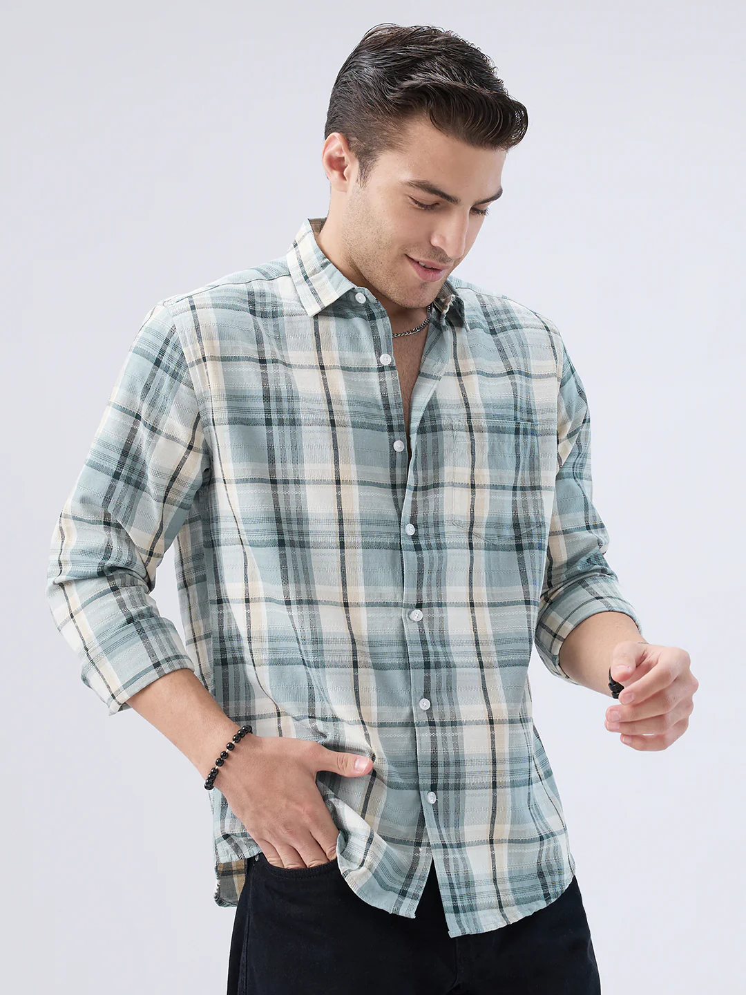 Turquoise Luxe Grid Checks Shirt - Image 5