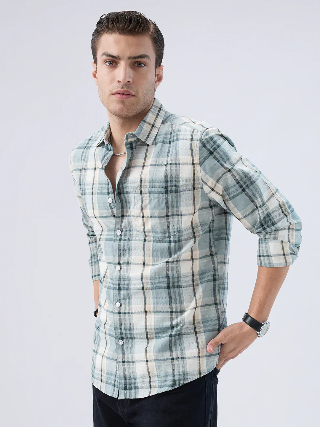 Turquoise Luxe Grid Checks Shirt - Image 6