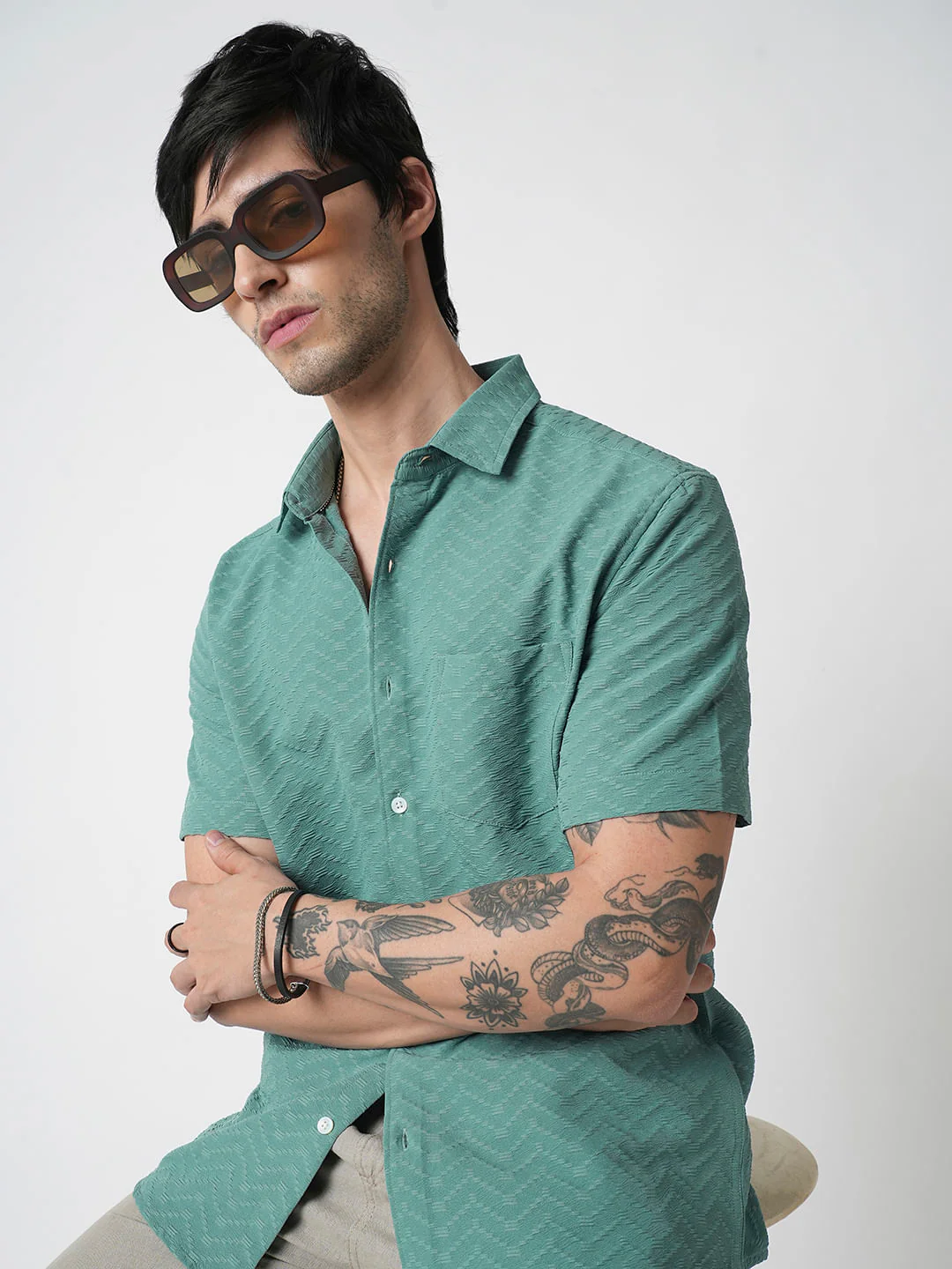 Turquoise Zig-Zag Textured Shirt - Image 2