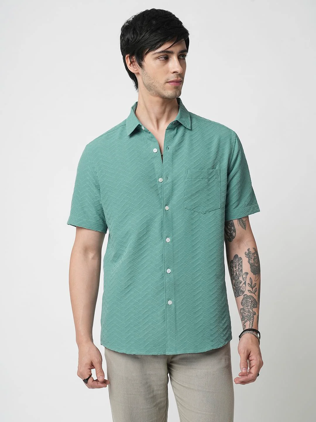 Turquoise Zig-Zag Textured Shirt - Image 4