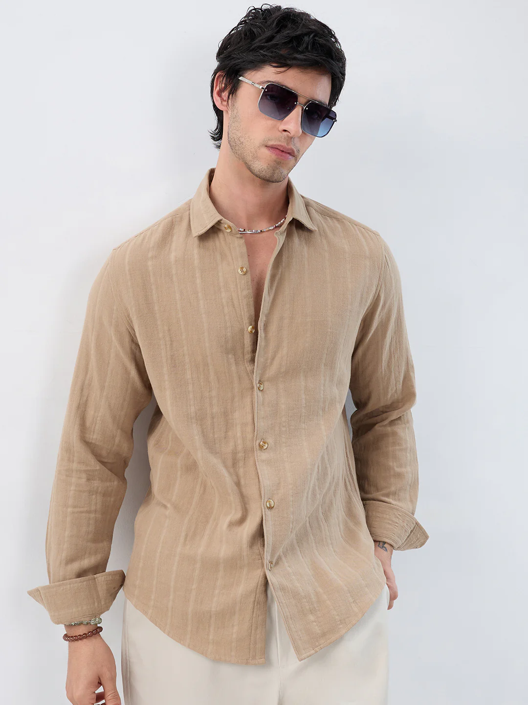 Tuscan Tan Double Cloth Luxe Striped Shirt - Image 2